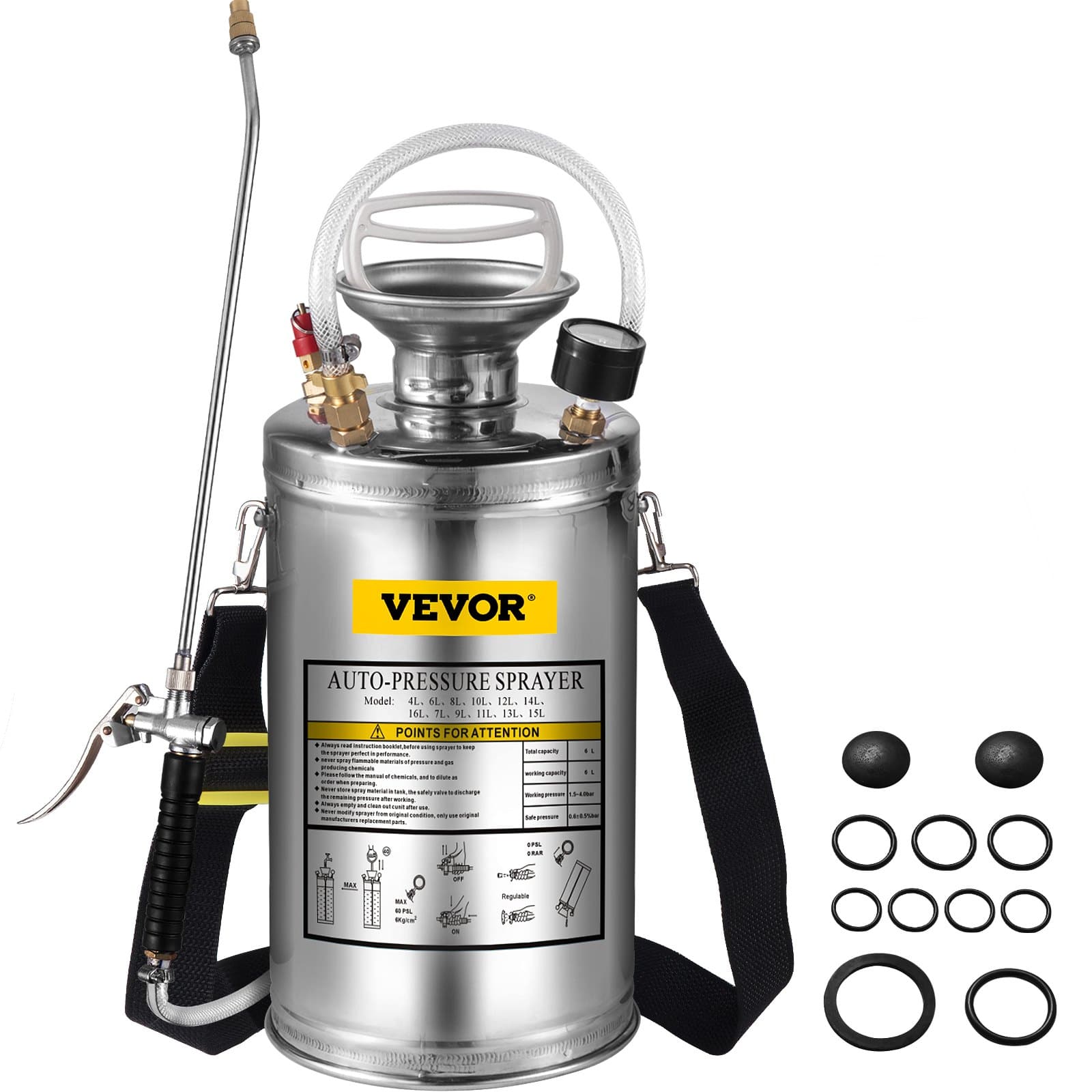 VEVOR 6L Stainless Steel Hand Pump Sprayer with Adjustable Nozzle & Pressure Gauge for Garden, Cleaning, Disinfection