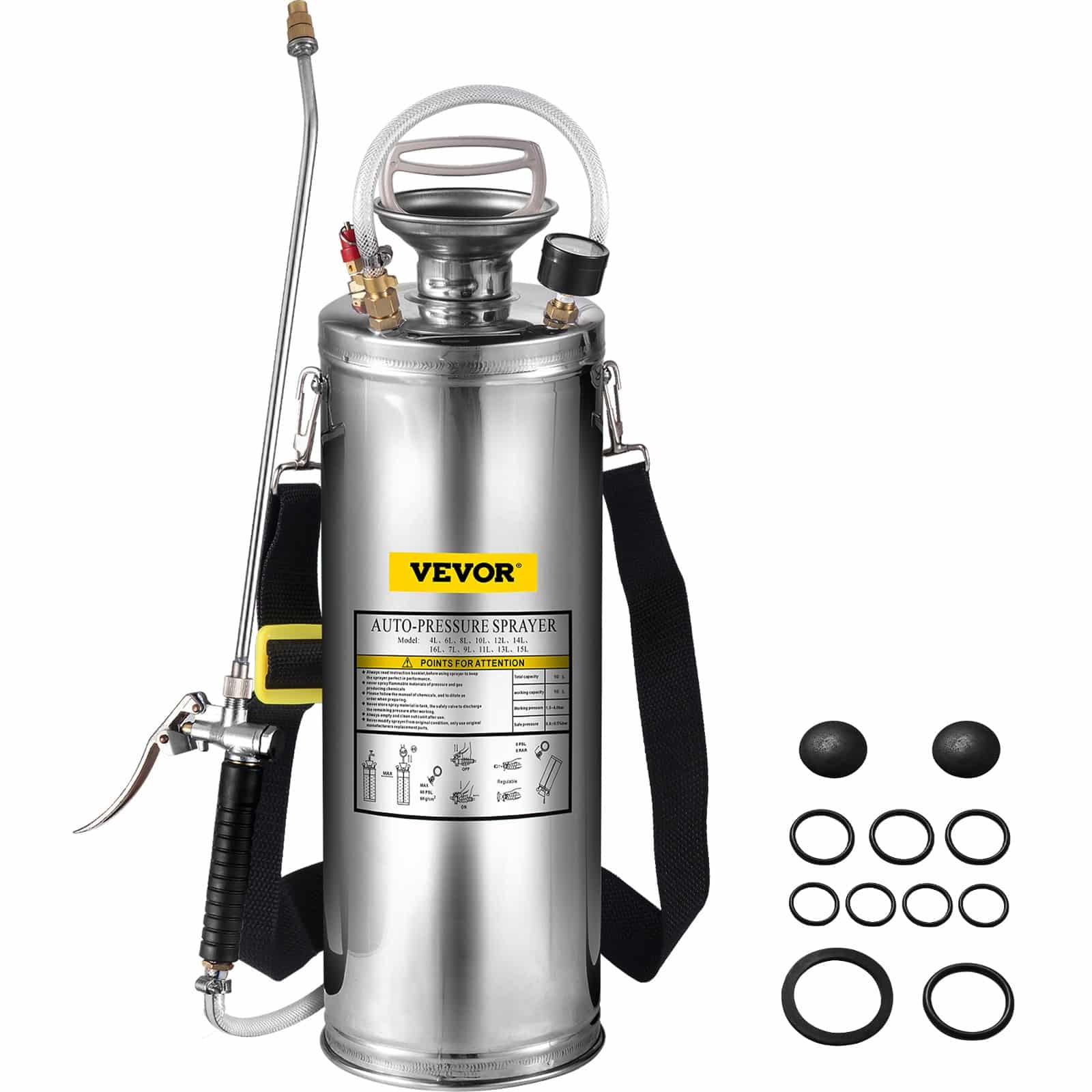 VEVOR 10L Stainless Steel Pressure Sprayer with Adjustable Nozzle for Gardening, Cleaning, Disinfection & More