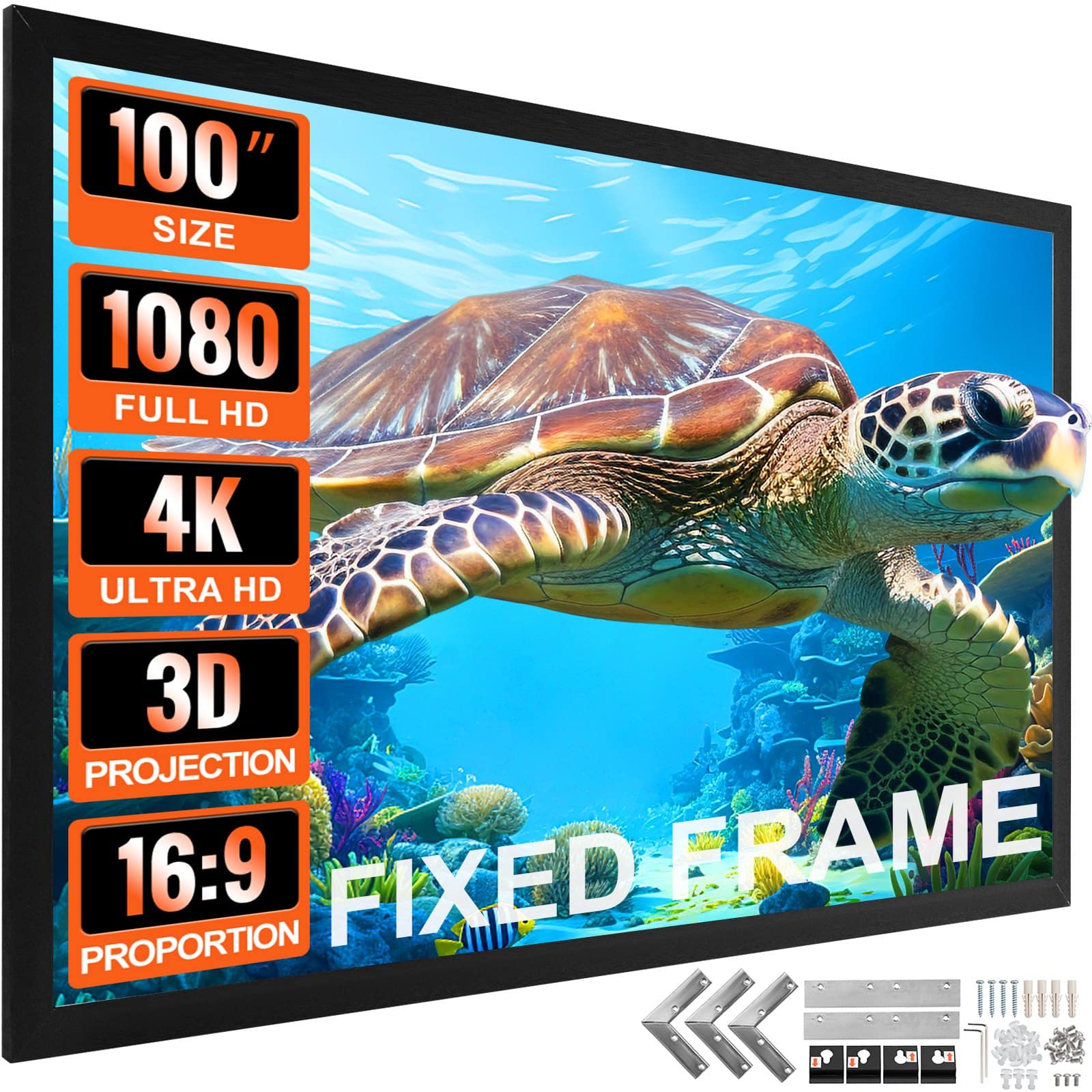 VEVOR 254 cm 16:9 4K HD Projector Screen with Aluminum Frame, Wall Mount, Portable for Home Theater & Outdoor Use