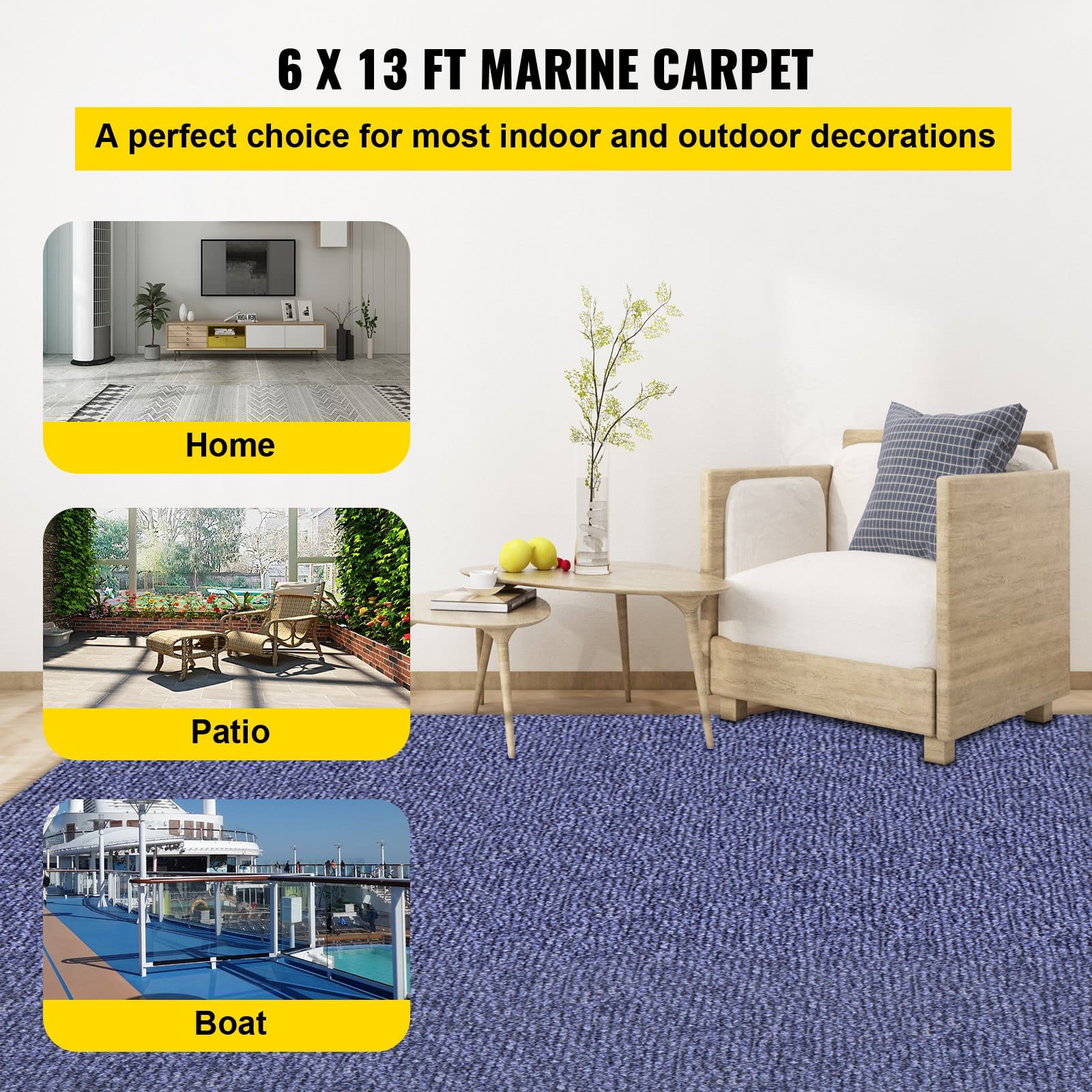 VEVOR 4x1.8m Waterproof Outdoor/Indoor Marine Carpet Rug, Anti-Slip, Mold-Resistant, for Patio, Porch, Deck, Garage - Blue - Image 2