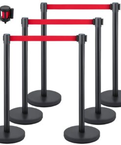 VEVOR 6-Piece Crowd Control Stanchion Set with 2 m Red Retractable Belts, Black Steel Posts & Rubber Base for Queue Management