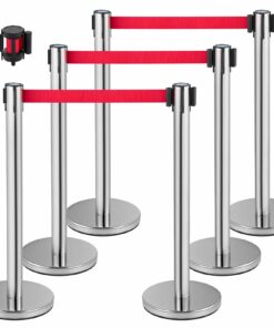 VEVOR 6-Piece Crowd Control Stanchion Set with 2m Red Retractable Belts & Rubber Base – Stainless Steel Queue Barrier