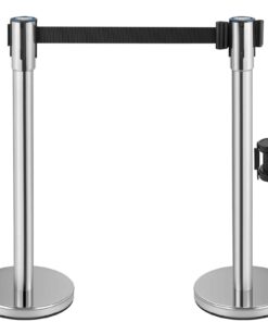 Набор стоек VEVOR для контроля толпы, 2 стойки с 2 м черным втягивающимся ремнем, серебристый барьер на бетонном основании