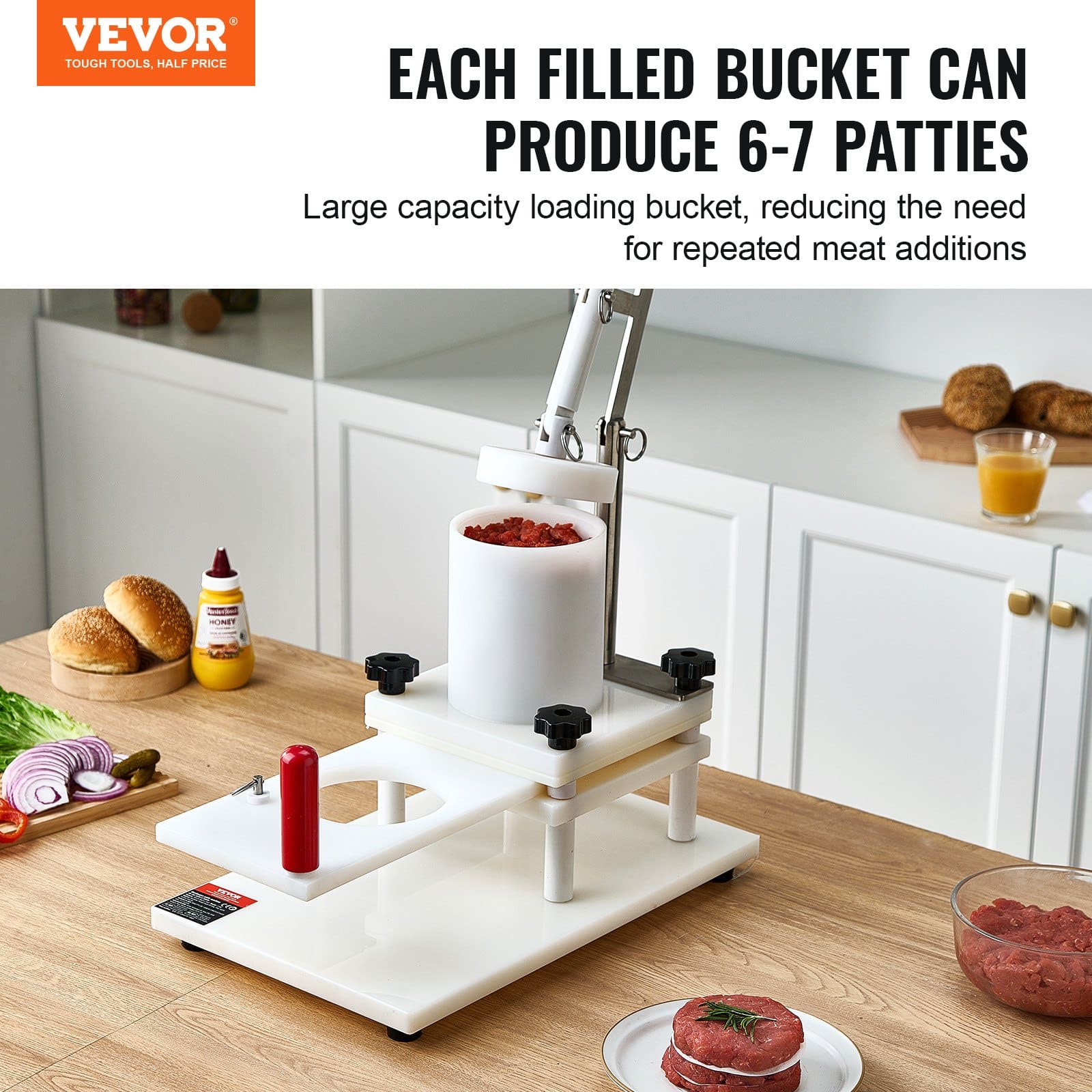 VEVOR Manual Burger Patty Maker 130mm, Food-Grade PE Hamburger Press with 1.5KG Hopper, Commercial Meat Forming Machine – Paveikslėlis 2