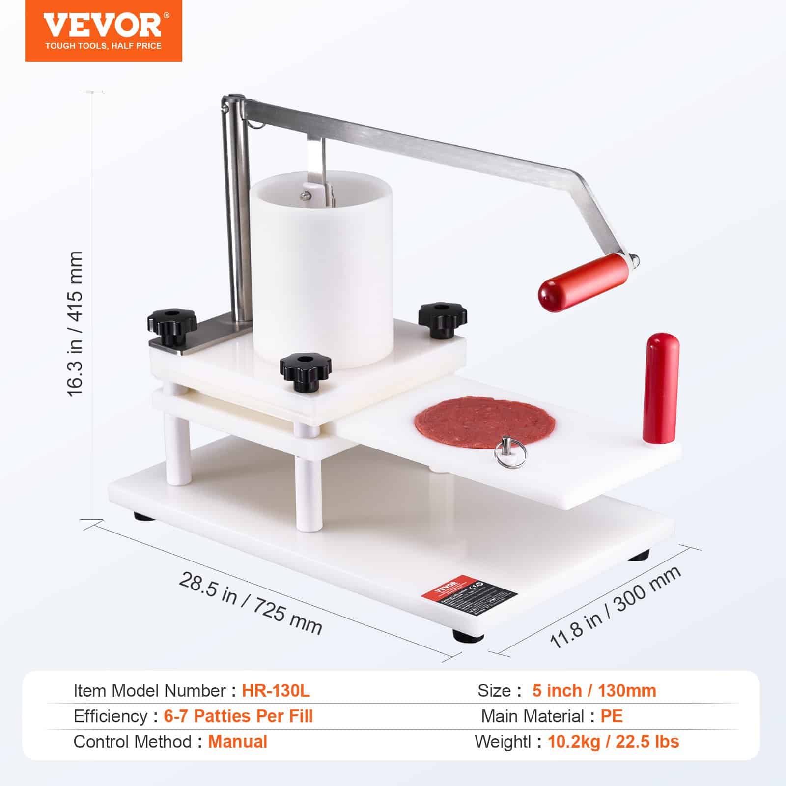 VEVOR Manual Burger Patty Maker 130mm, Food-Grade PE Hamburger Press with 1.5KG Hopper, Commercial Meat Forming Machine – Paveikslėlis 7