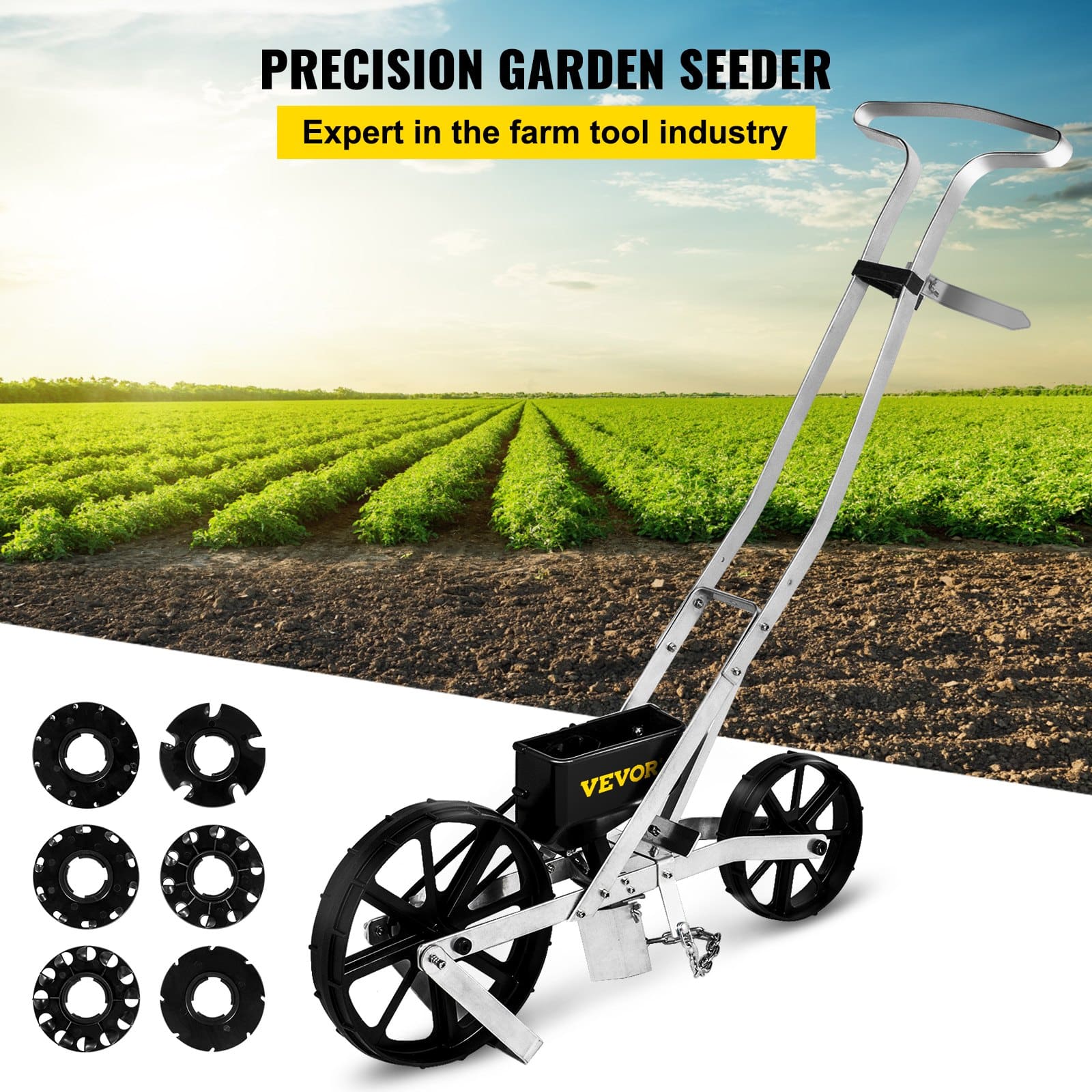 VEVOR Manual Garden Seeder with 6 Seed Plates, Precision Push Row Planter for Various Seeds, Adjustable Height, Metal Frame - Image 2