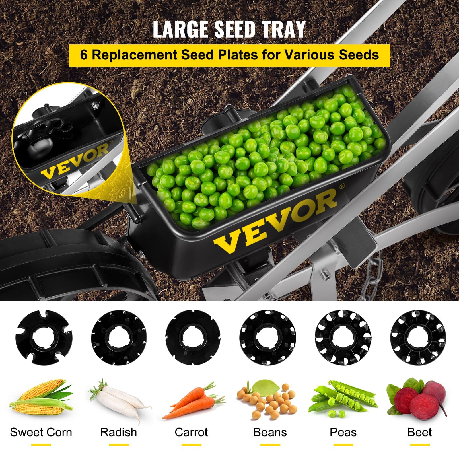 VEVOR Manual Garden Seeder with 6 Seed Plates, Precision Push Row Planter for Various Seeds, Adjustable Height, Metal Frame - Image 3