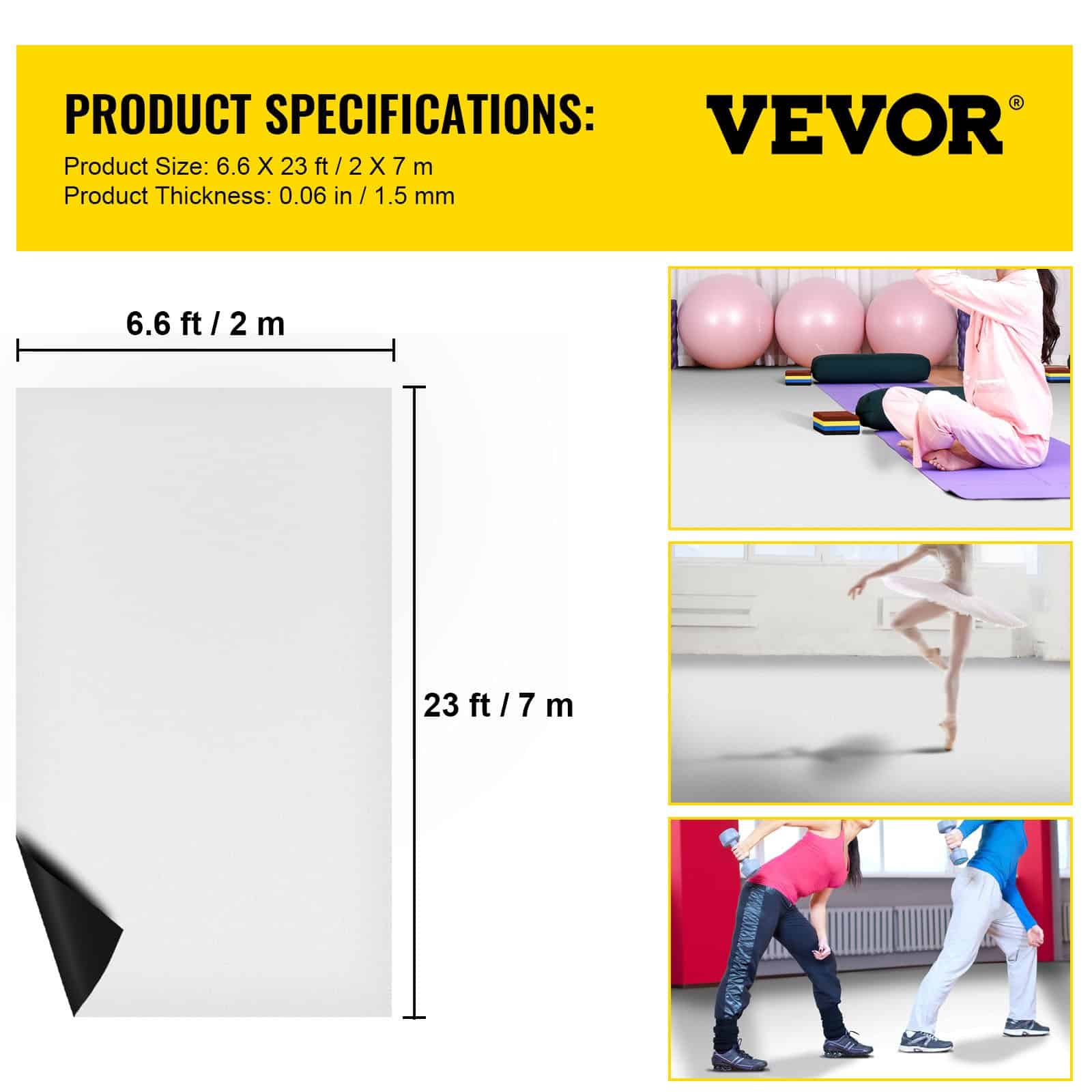 VEVOR Reversible PVC Dance Floor Roll 2x7m, 1.5mm Thick, Black/White, Non-Slip, Portable Ballet & Jazz Flooring — изображение 7