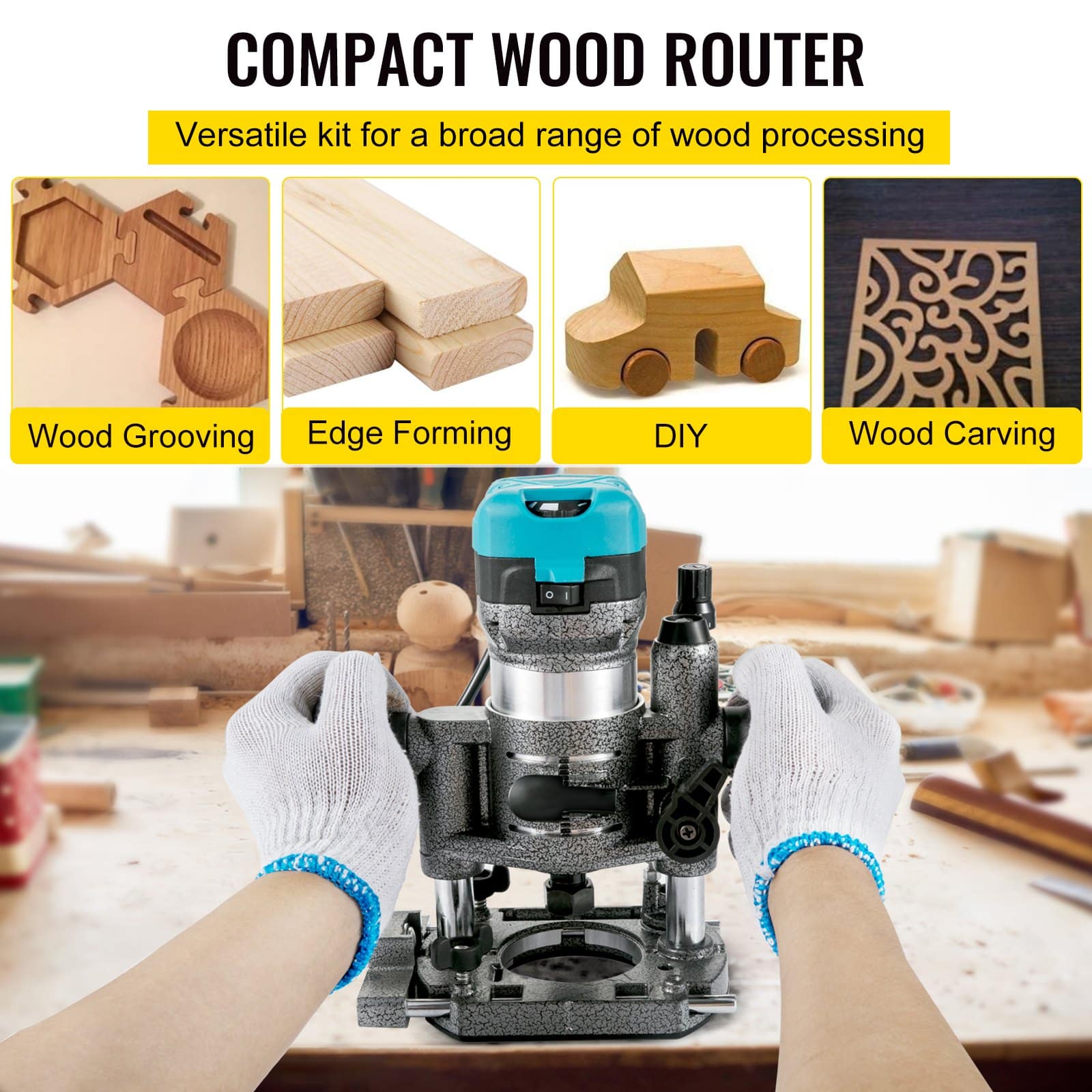 VEVOR 710W Wood Router Tool with 3 Collets, Fixed/Plunge/Tilt Base, 13000–33000 RPM, Aluminum Housing for Woodworking - Image 2