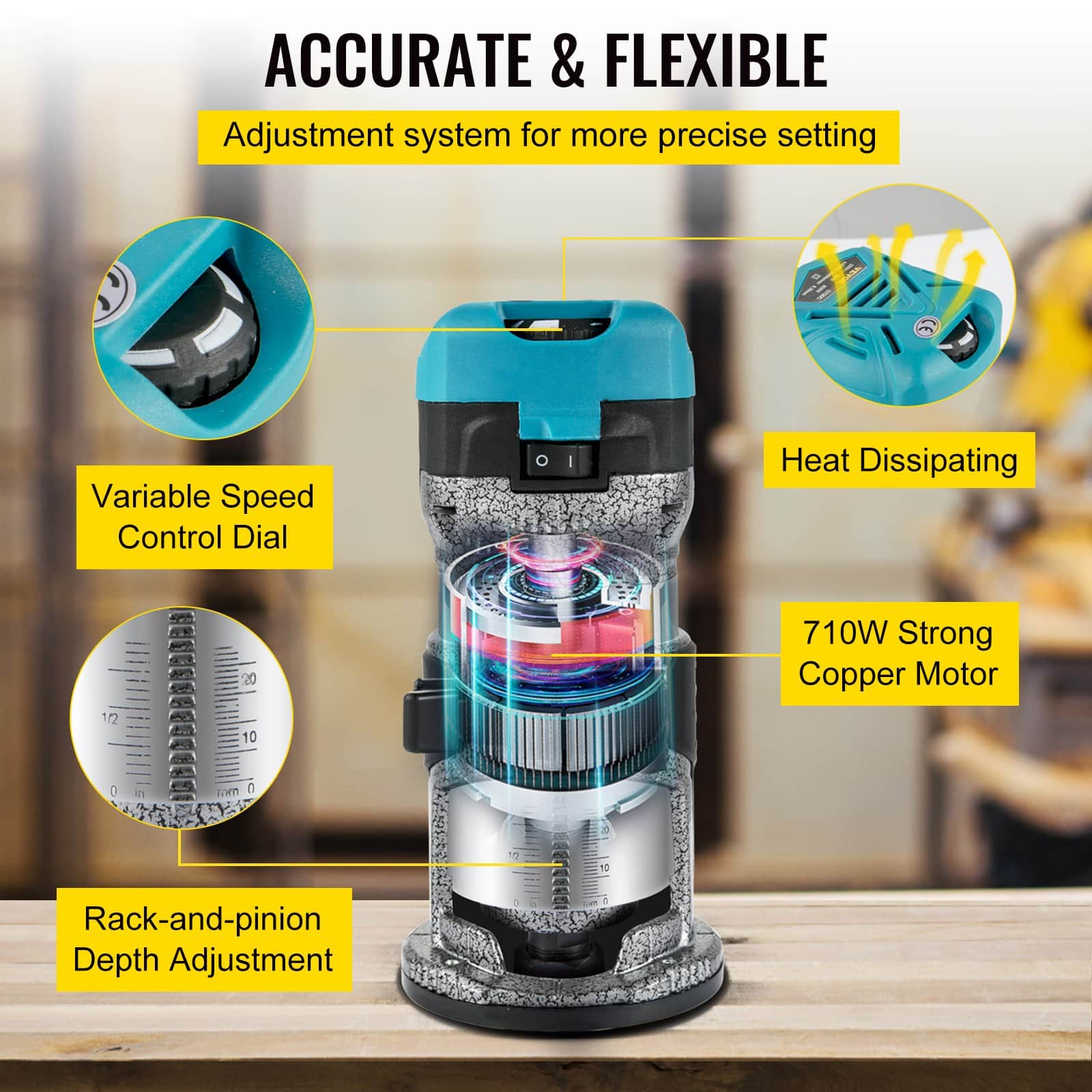 VEVOR 710W Wood Router Tool with 3 Collets, Fixed/Plunge/Tilt Base, 13000–33000 RPM, Aluminum Housing for Woodworking - Image 3