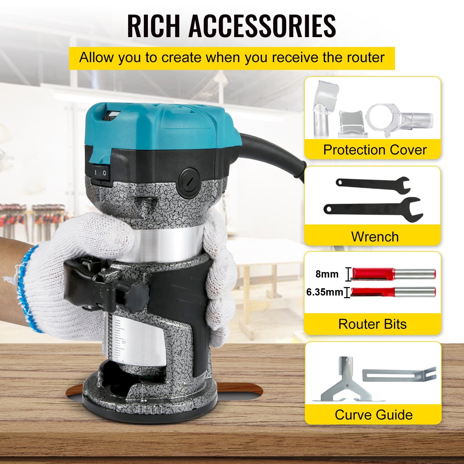 VEVOR 710W Wood Router Tool with 3 Collets, Fixed/Plunge/Tilt Base, 13000–33000 RPM, Aluminum Housing for Woodworking - Image 4