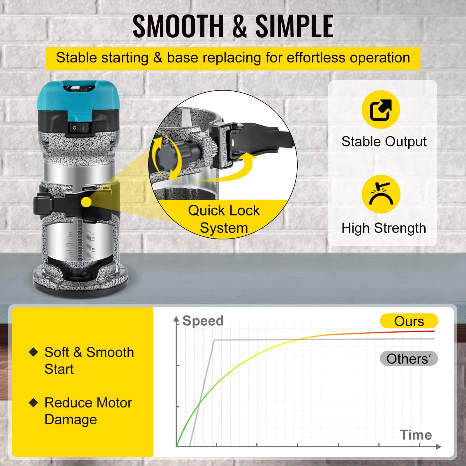 VEVOR 710W Wood Router Tool with 3 Collets, Fixed/Plunge/Tilt Base, 13000–33000 RPM, Aluminum Housing for Woodworking - Image 5
