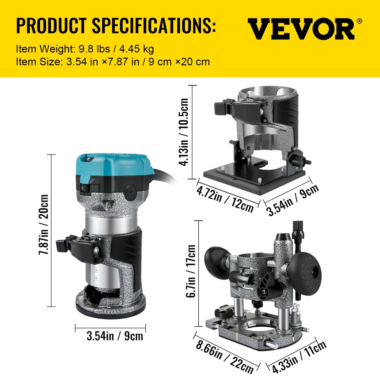 VEVOR 710W Wood Router Tool with 3 Collets, Fixed/Plunge/Tilt Base, 13000–33000 RPM, Aluminum Housing for Woodworking - Image 7
