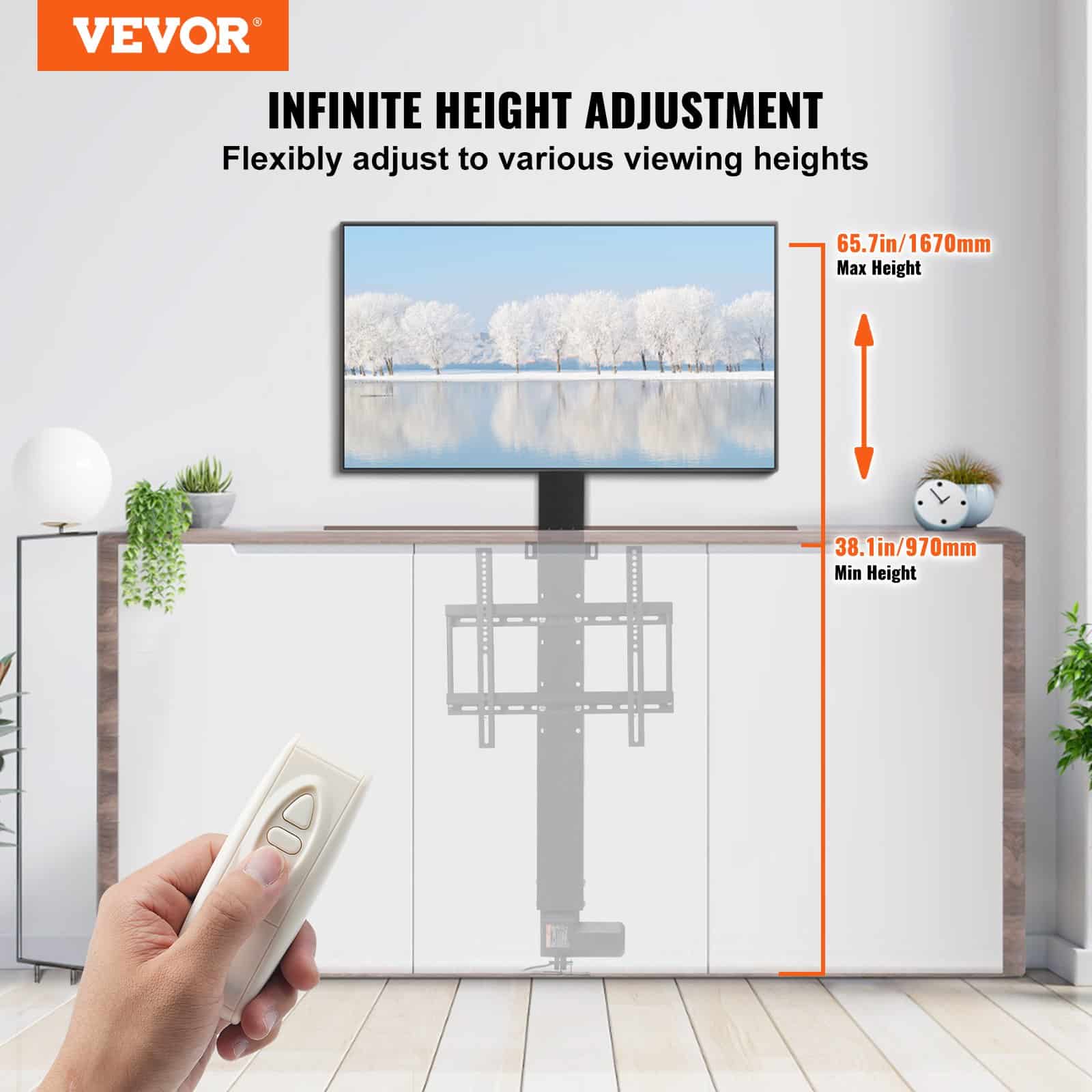 VEVOR Motorized TV Lift 71.1 cm Stroke, Fits 66–144.8 cm TVs, Remote Control, 59.9 kg Load, Height Adjustable Mount — attēls 2