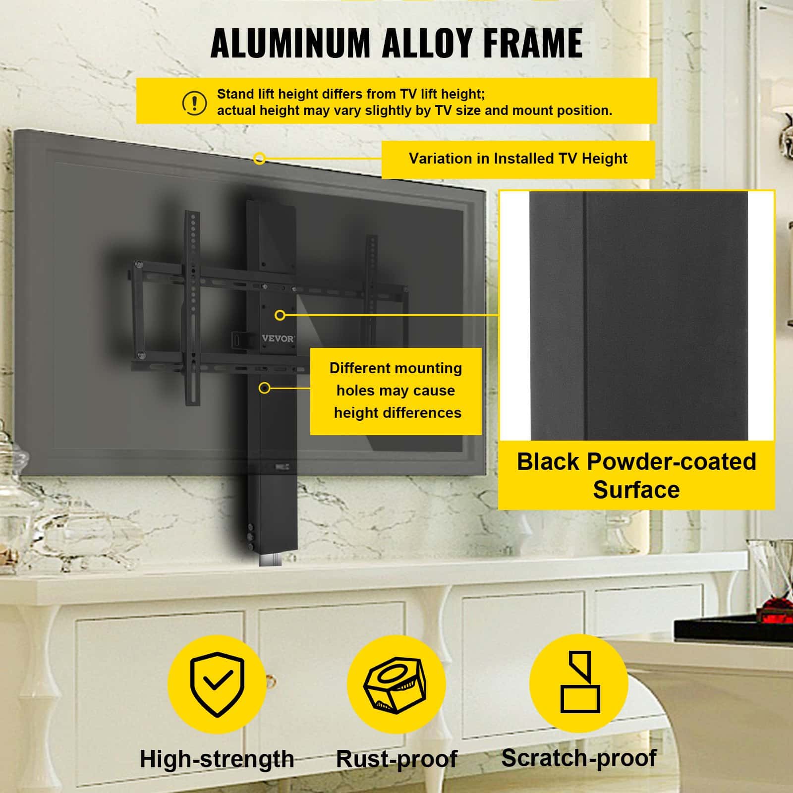 VEVOR Motorized TV Lift 71.1 cm Stroke, Fits 66–144.8 cm TVs, Remote Control, 59.9 kg Load, Height Adjustable Mount — attēls 5
