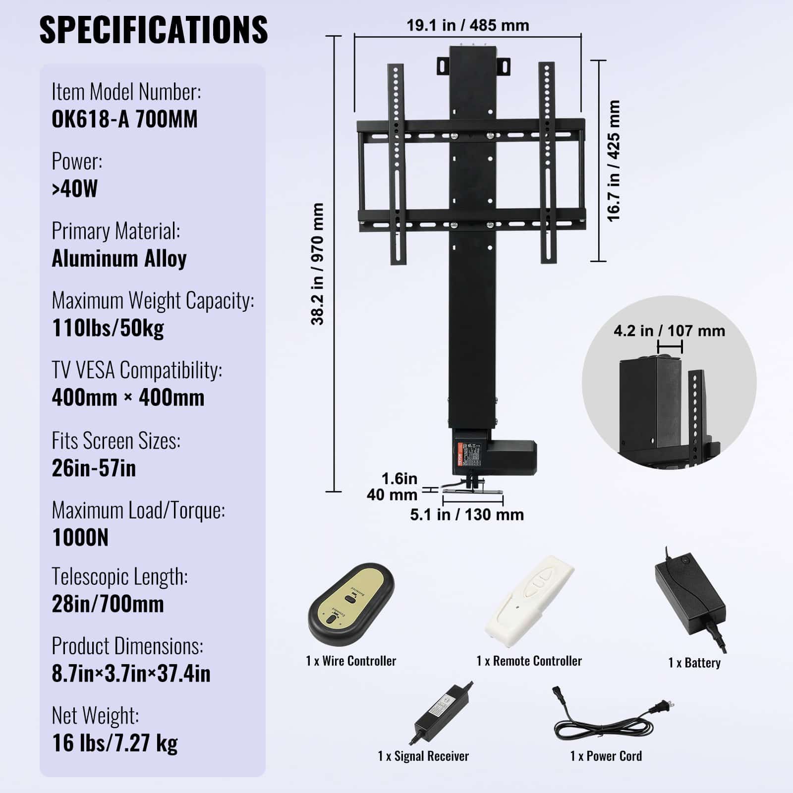 VEVOR Motorized TV Lift 71.1 cm Stroke, Fits 66–144.8 cm TVs, Remote Control, 59.9 kg Load, Height Adjustable Mount — attēls 7