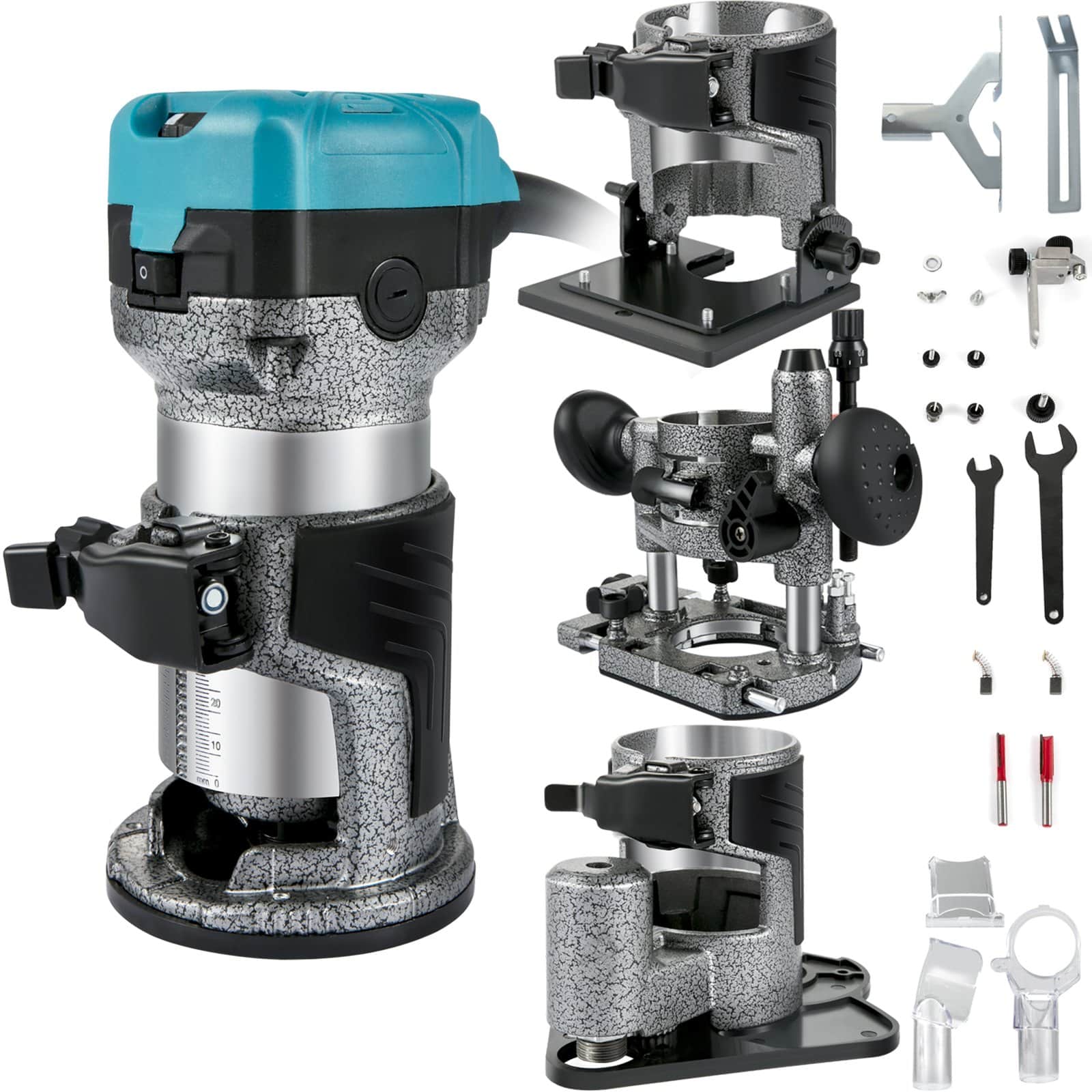 VEVOR 710W Wood Router Tool with 3 Collets, Variable Speed, Multiple Bases, Aluminum Body – For Woodworking & Carving