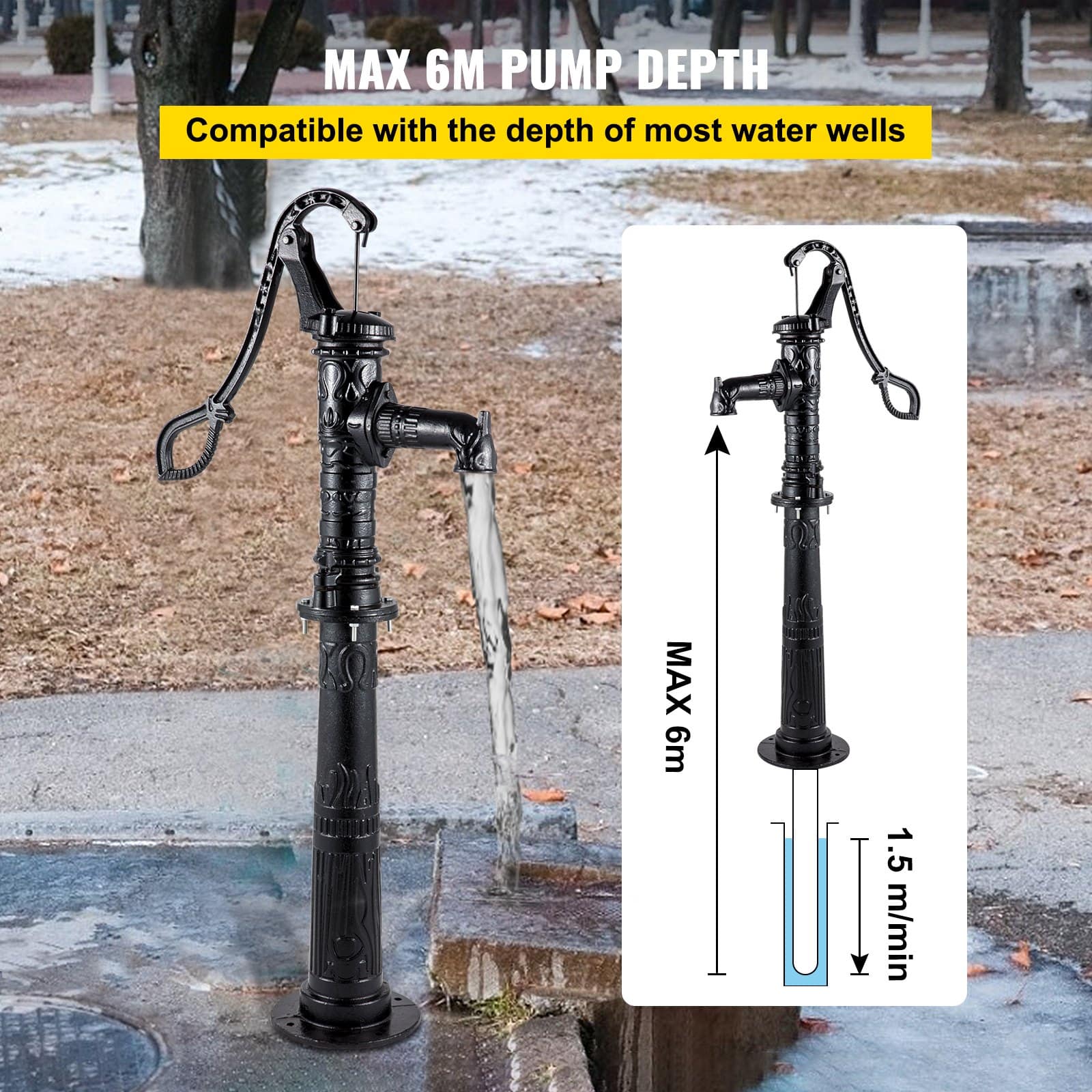 VEVOR Cast Iron Hand Water Pump with 66 cm Stand, Rustic Design, 6 m Depth, Easy Install for Garden Yard Irrigation, Black - Image 4