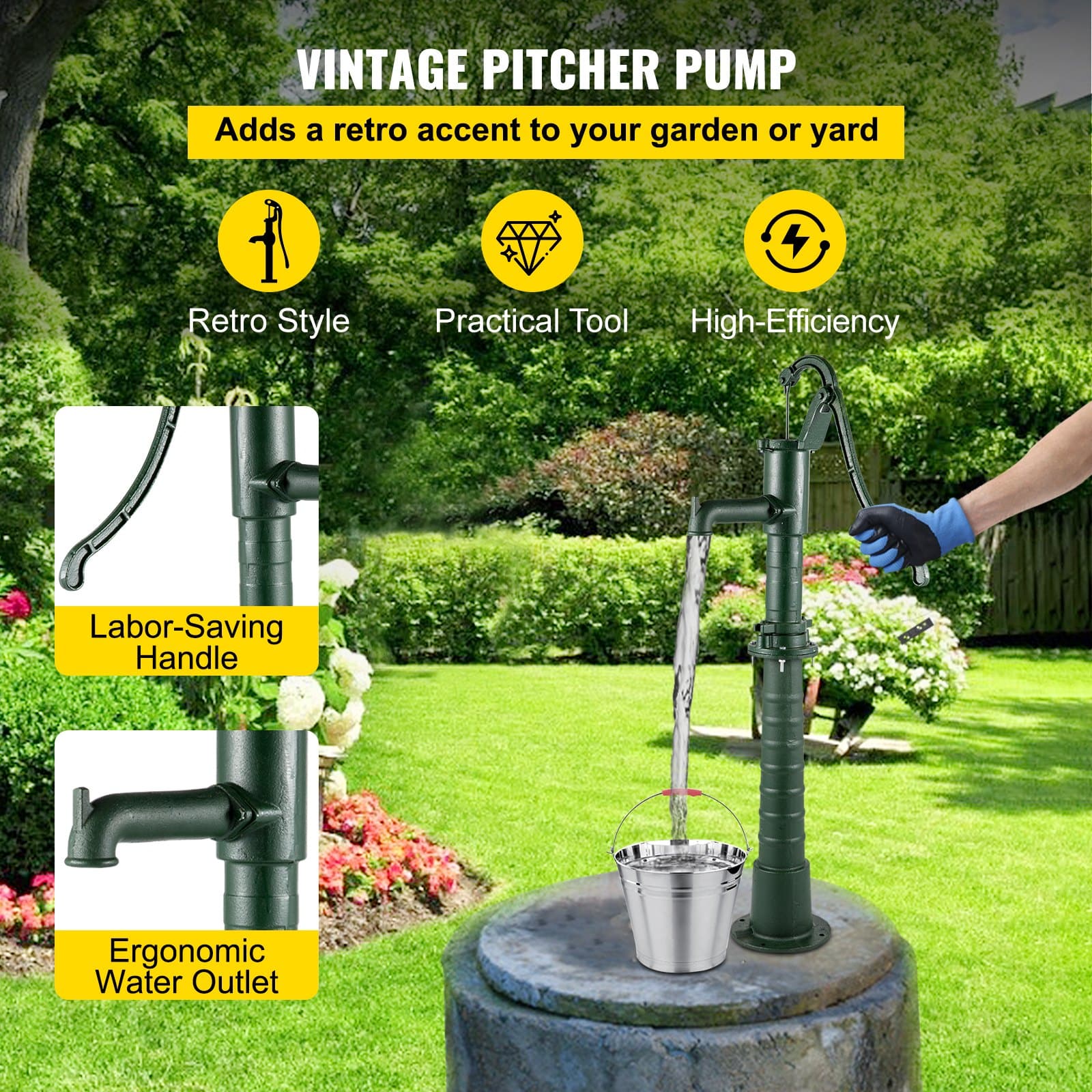 VEVOR Cast Iron Hand Water Pump with 66 cm Stand, Rustic Garden Well Pump, 6 m Depth, Easy Install for Yard & Irrigation — изображение 2