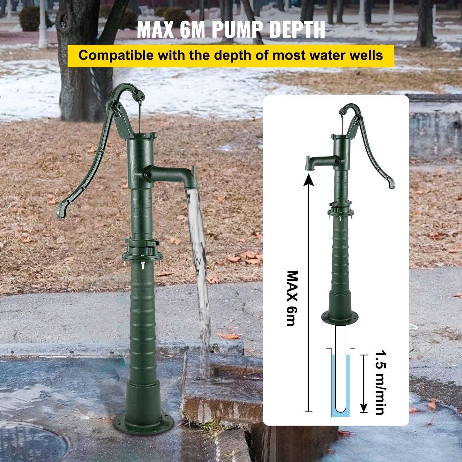 VEVOR Cast Iron Hand Water Pump with 66 cm Stand, Rustic Garden Well Pump, 6 m Depth, Easy Install for Yard & Irrigation — изображение 4