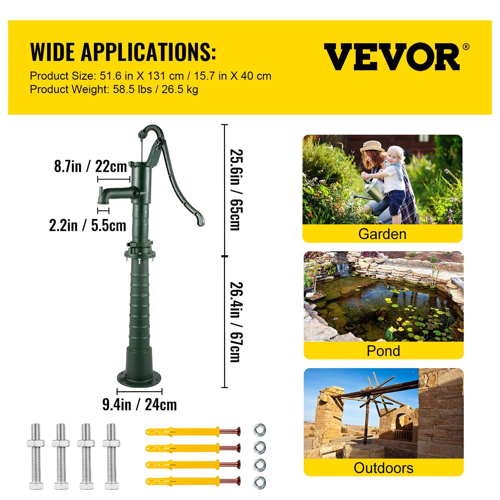 VEVOR Cast Iron Hand Water Pump with 66 cm Stand, Rustic Garden Well Pump, 6 m Depth, Easy Install for Yard & Irrigation — изображение 7