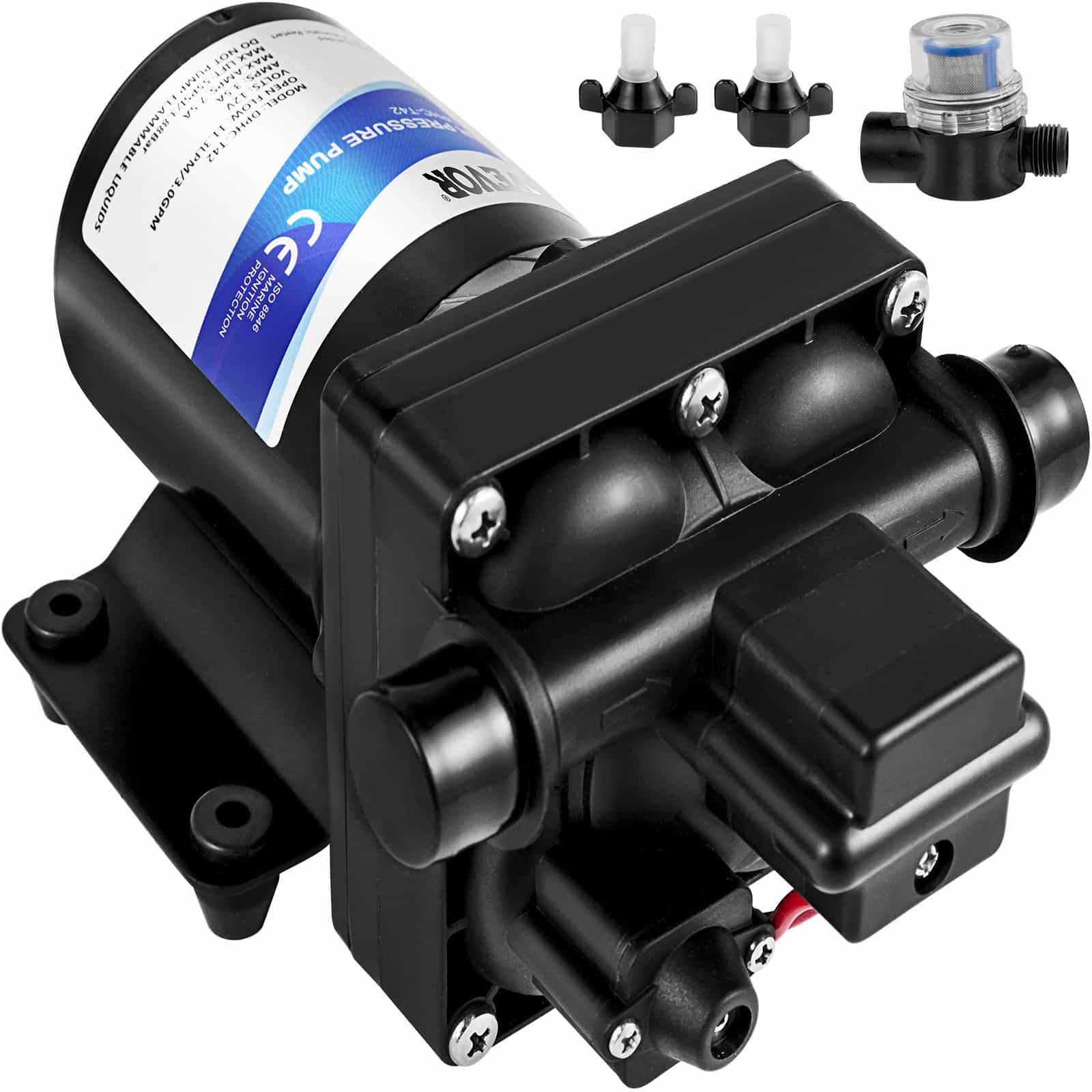VEVOR 12V Fresh Water Diaphragm Pump, 11 L/min, 3.8 Bar, Self-Priming with Pressure Switch & Filter for RV, Boat, Garden
