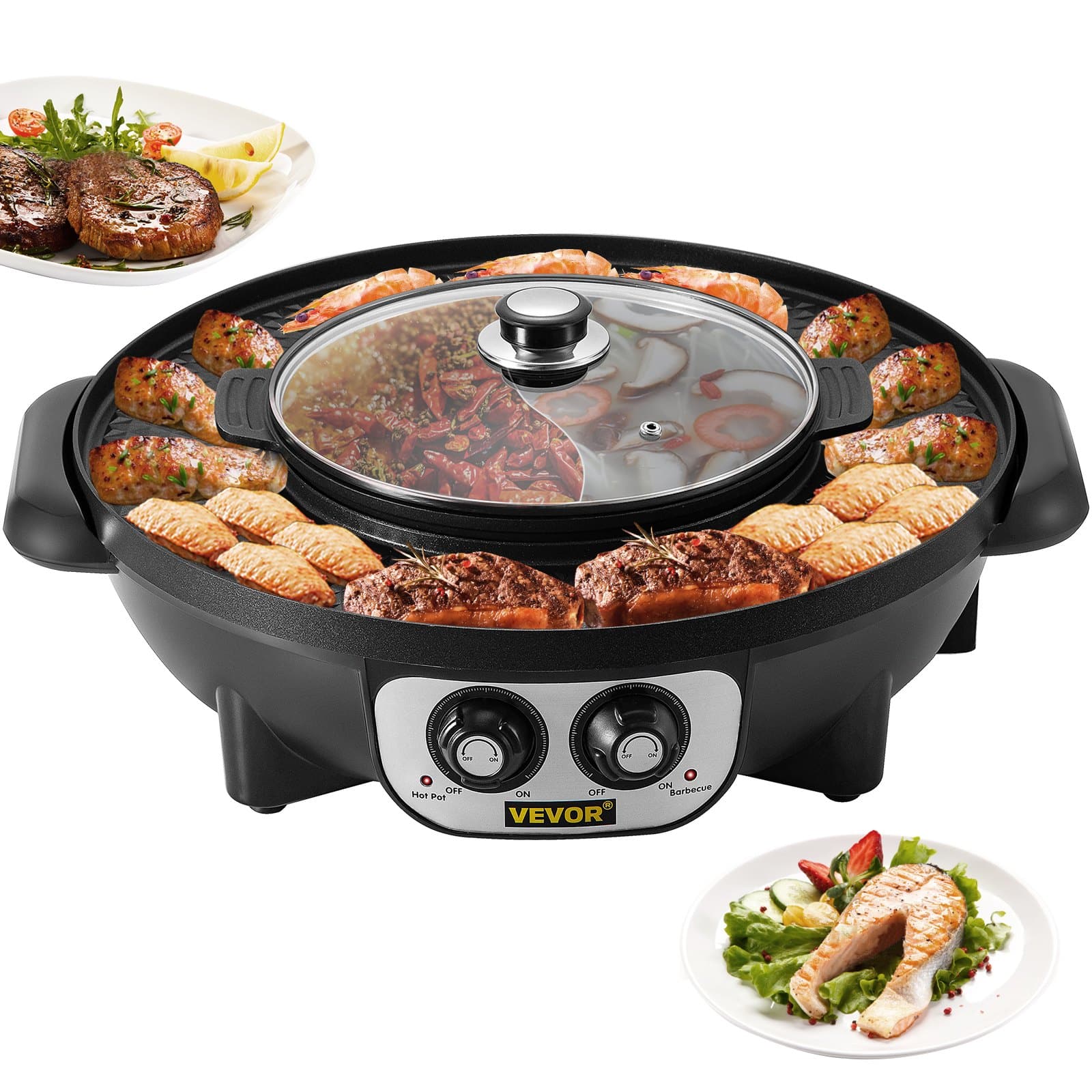 VEVOR 2-in-1 elektrigrill ja kuumapott 2200 W, 3L jagajapott ja grillipann, kahekordne temperatuurikontroll, nonstick, suitsuvaba, 1-le 8 inimesele
