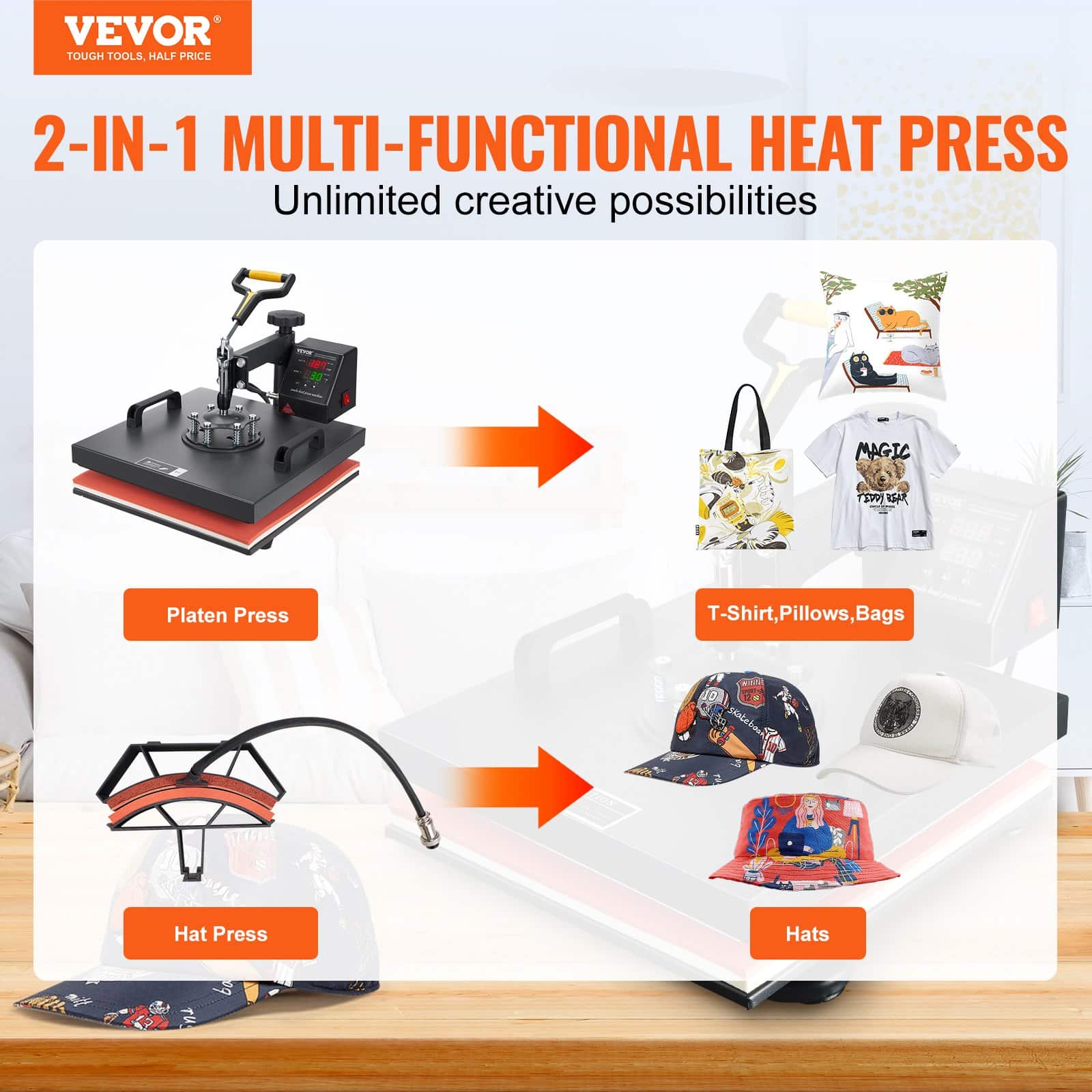 VEVOR 2-in-1 Heat Press Machine 38x38 cm with Cap Platen, Digital Control, Teflon Coating, for T-Shirts, Hats, Sublimation — attēls 2