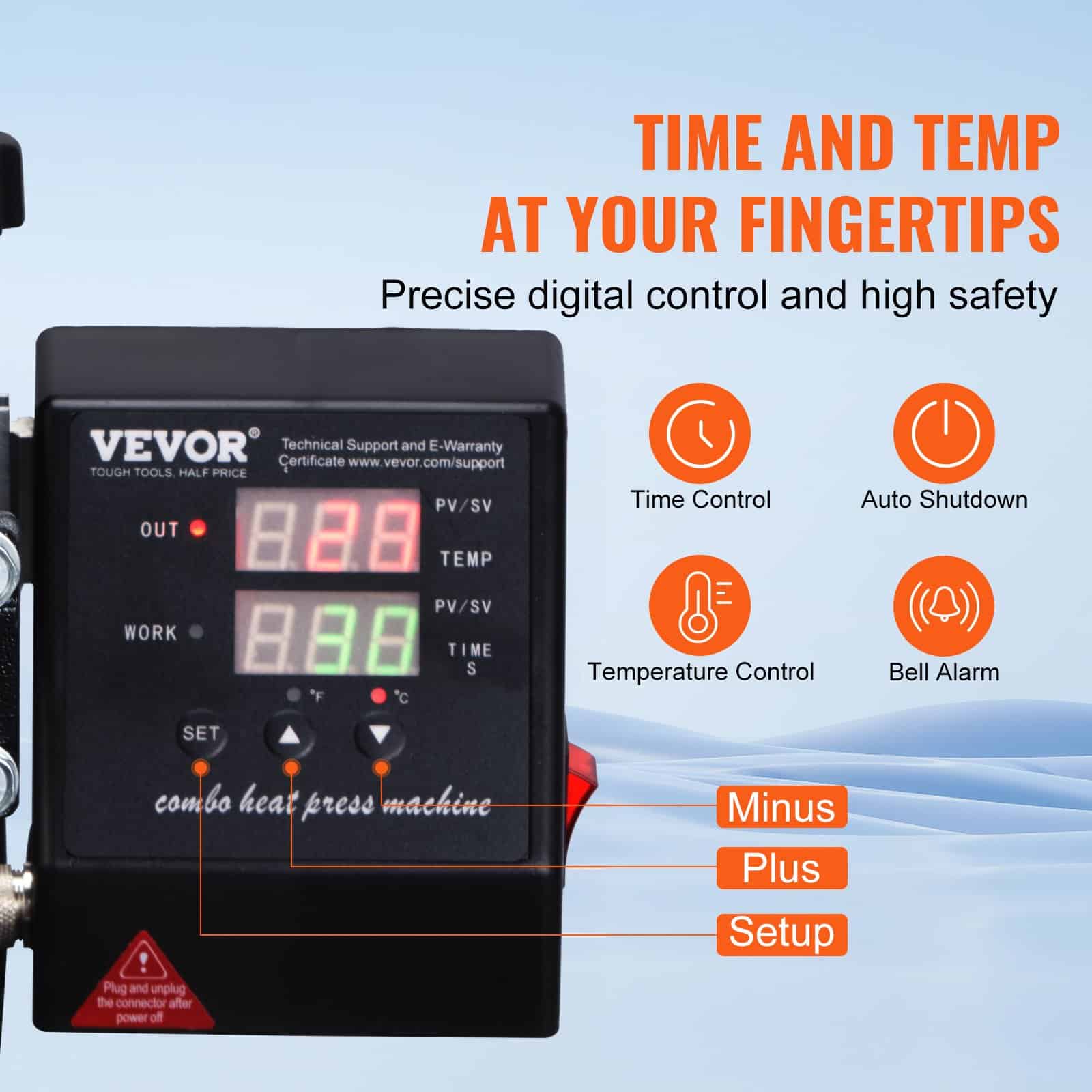 VEVOR 2-in-1 Heat Press Machine 38x38 cm with Cap Platen, Digital Control, Teflon Coating, for T-Shirts, Hats, Sublimation — attēls 3