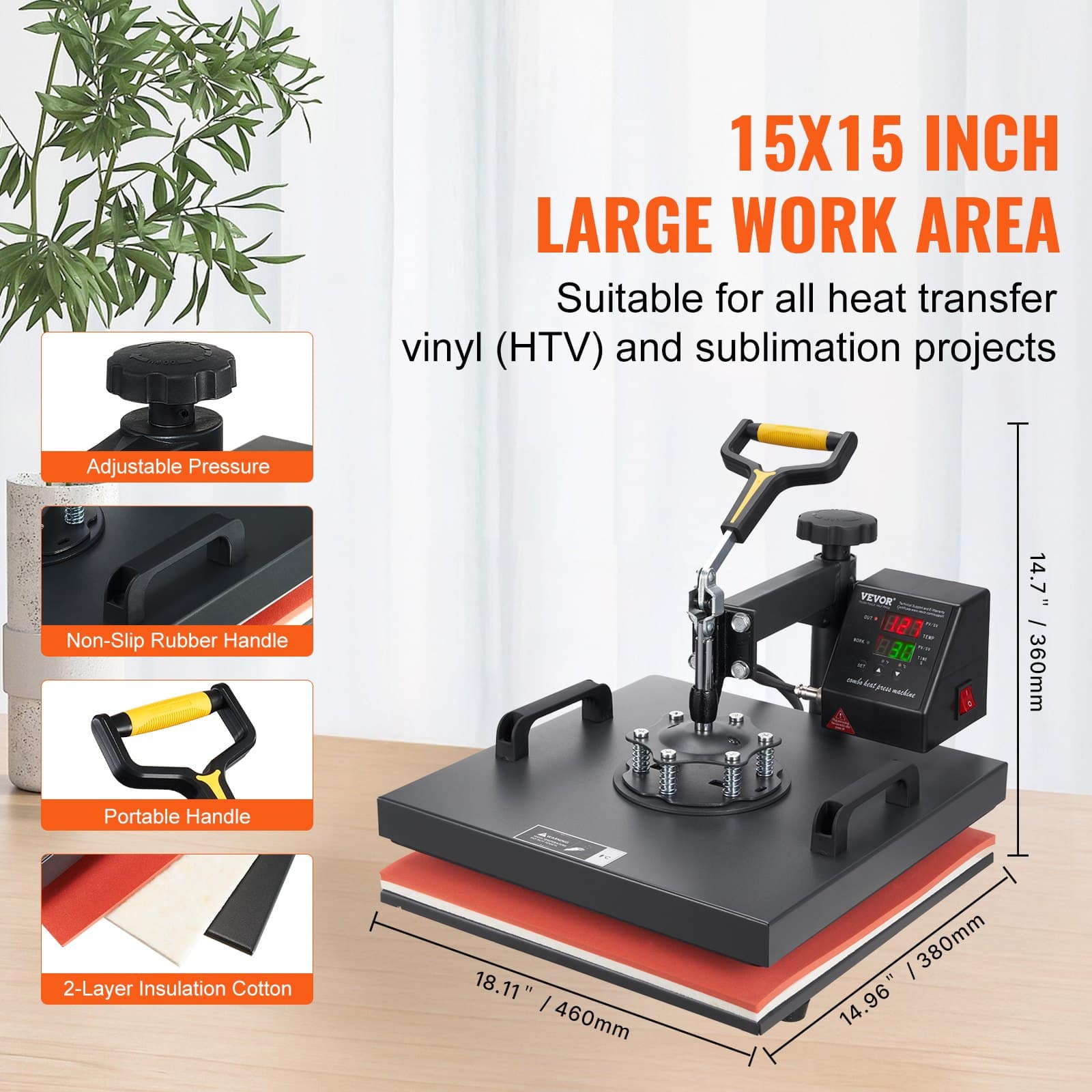 VEVOR 2-in-1 Heat Press Machine 38x38 cm with Cap Platen, Digital Control, Teflon Coating, for T-Shirts, Hats, Sublimation — attēls 4