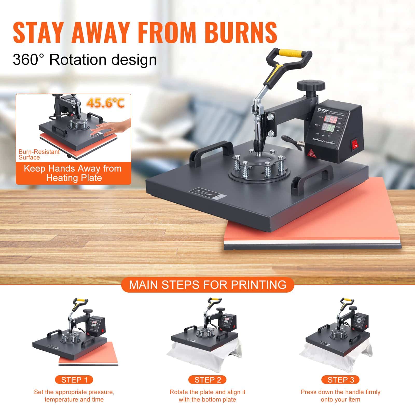 VEVOR 2-in-1 Heat Press Machine 38x38 cm with Cap Platen, Digital Control, Teflon Coating, for T-Shirts, Hats, Sublimation — attēls 6