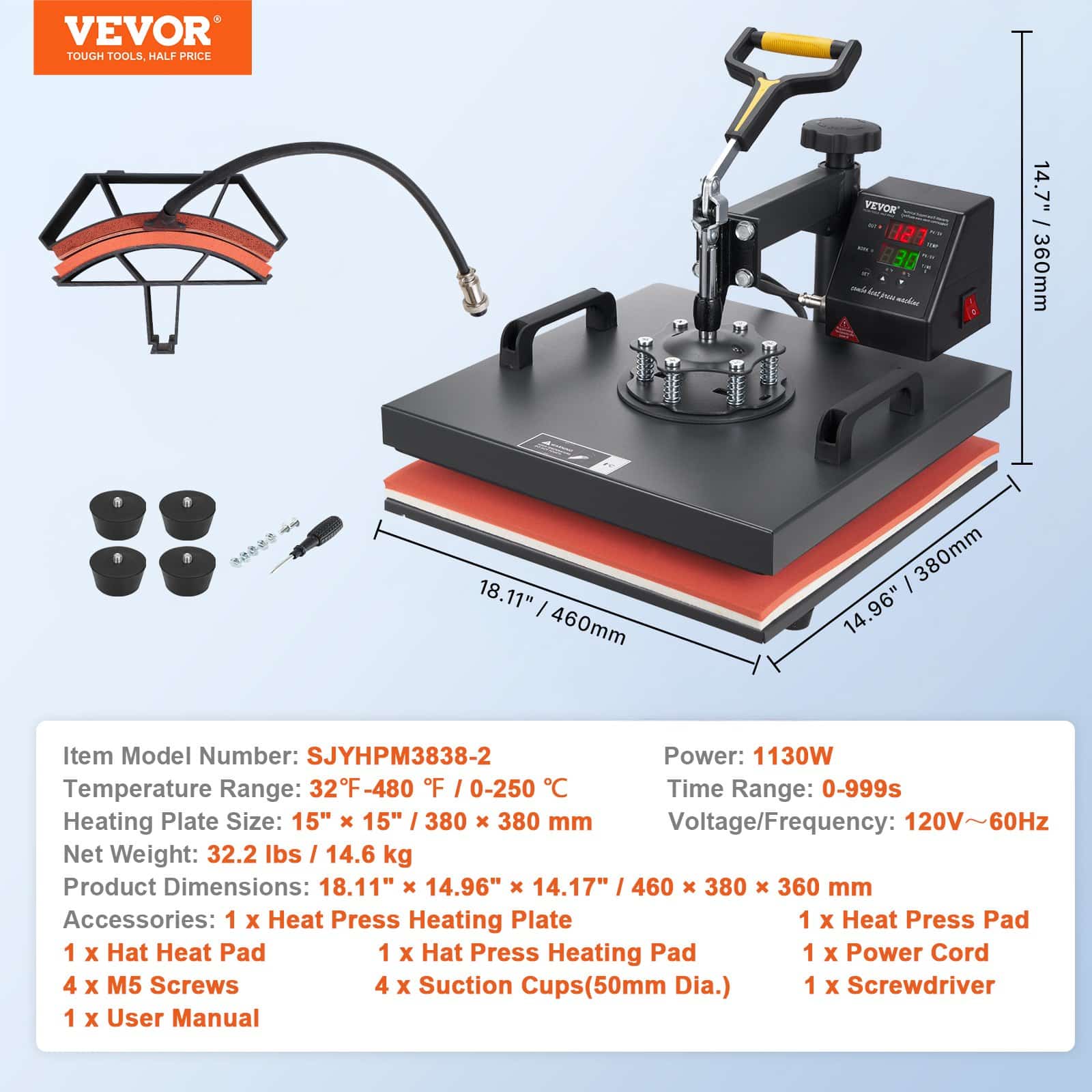 VEVOR 2-in-1 Heat Press Machine 38x38 cm with Cap Platen, Digital Control, Teflon Coating, for T-Shirts, Hats, Sublimation — attēls 7