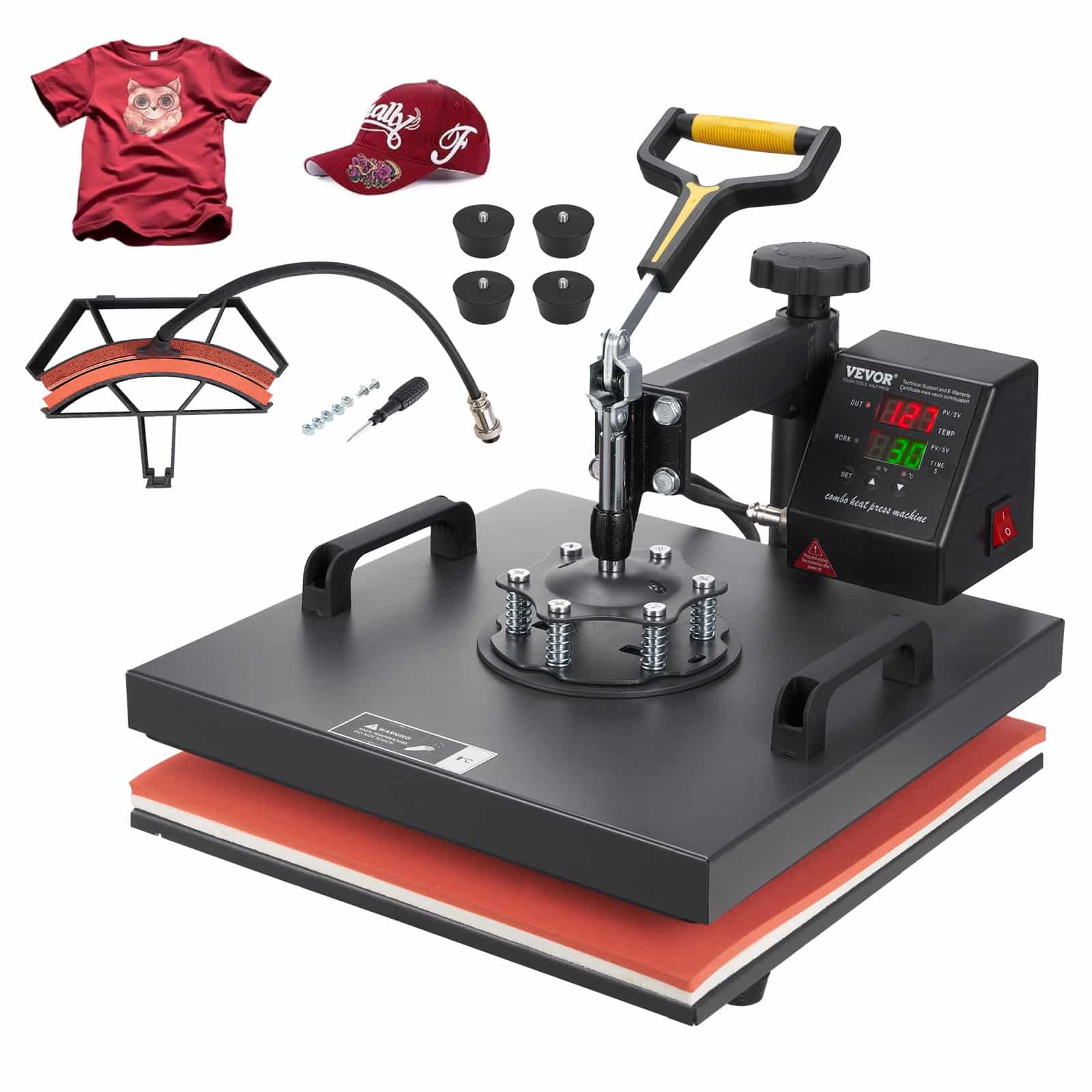 VEVOR 2-в-1 термопресс 38x38 см с насадкой для кепок, цифровое управление, тефлоновое покрытие, для футболок и сублимации