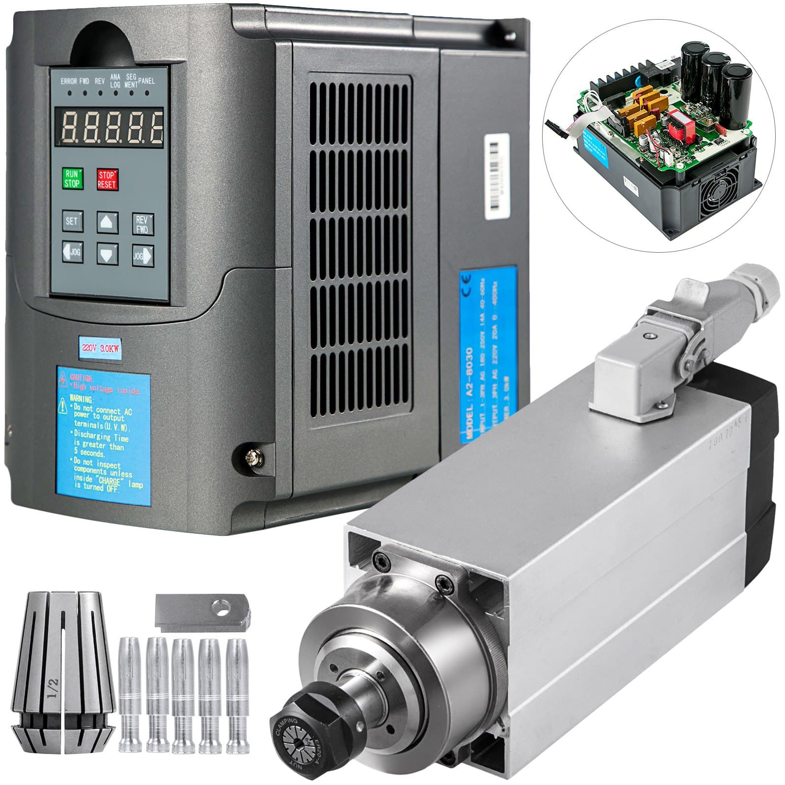 VEVOR 3.0kW Air-Cooled Spindle Motor Kit with 3kW 4HP VFD Inverter for CNC, Lathes, Mills, Pumps, 0–18000 RPM