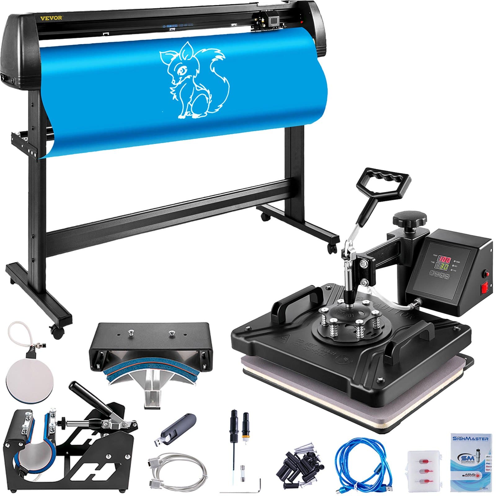 VEVOR 5-in-1 Heat Press 38x30cm & 135cm Vinyl Cutter with SignMaster Software, LCD Display, 360° Swing Arm