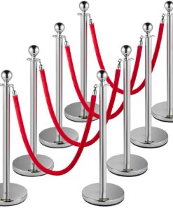 VEVOR 8-Piece Silver Crowd Control Stanchion Set with 1.5 m Red Velvet Ropes & Heavy Concrete Base for Events & Venues