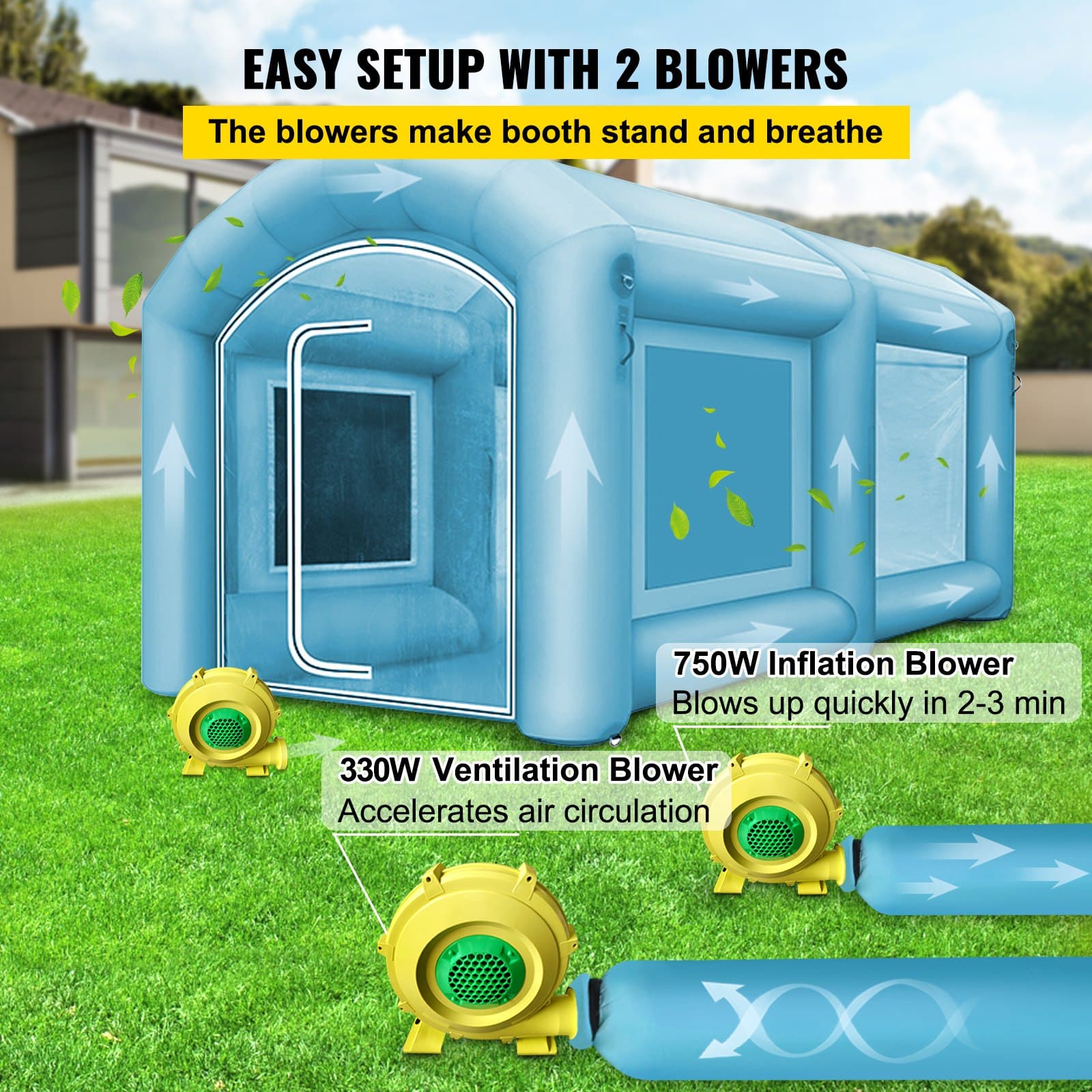 VEVOR Inflatable Spray Booth Tent 3.6x1.7x1.8m with 2 Blowers, Car Paint Workstation, 210D Oxford Fabric & Air Filtration - Зображення 6
