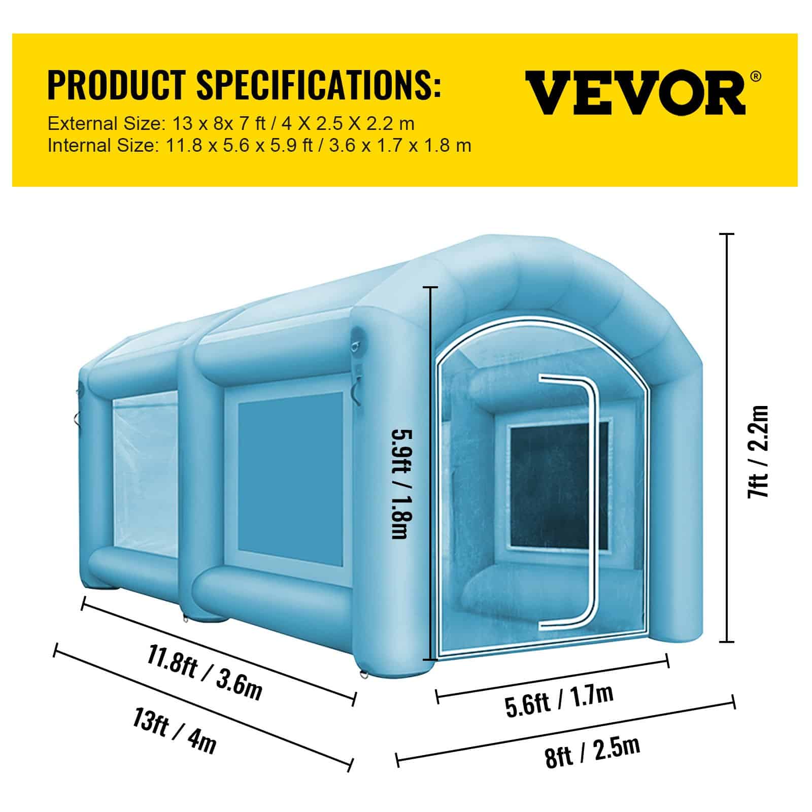 VEVOR Inflatable Spray Booth Tent 3.6x1.7x1.8m with 2 Blowers, Car Paint Workstation, 210D Oxford Fabric & Air Filtration - Зображення 7