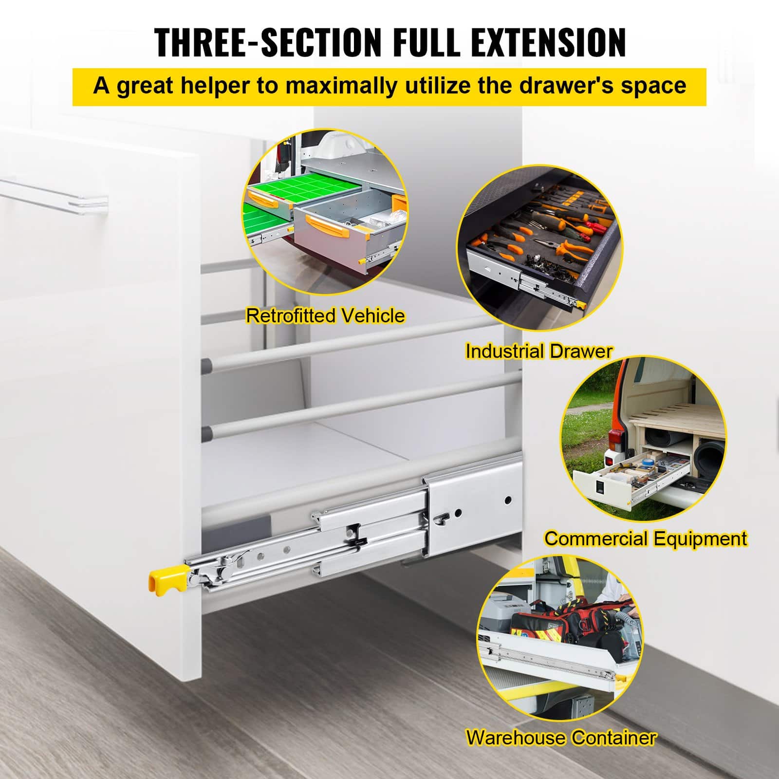 VEVOR Heavy-Duty Drawer Slides with Lock, 1 Pair, 50.8 cm, Steel, 227 kg Capacity, Full Extension, Ball Bearing, Side Mount – Paveikslėlis 2