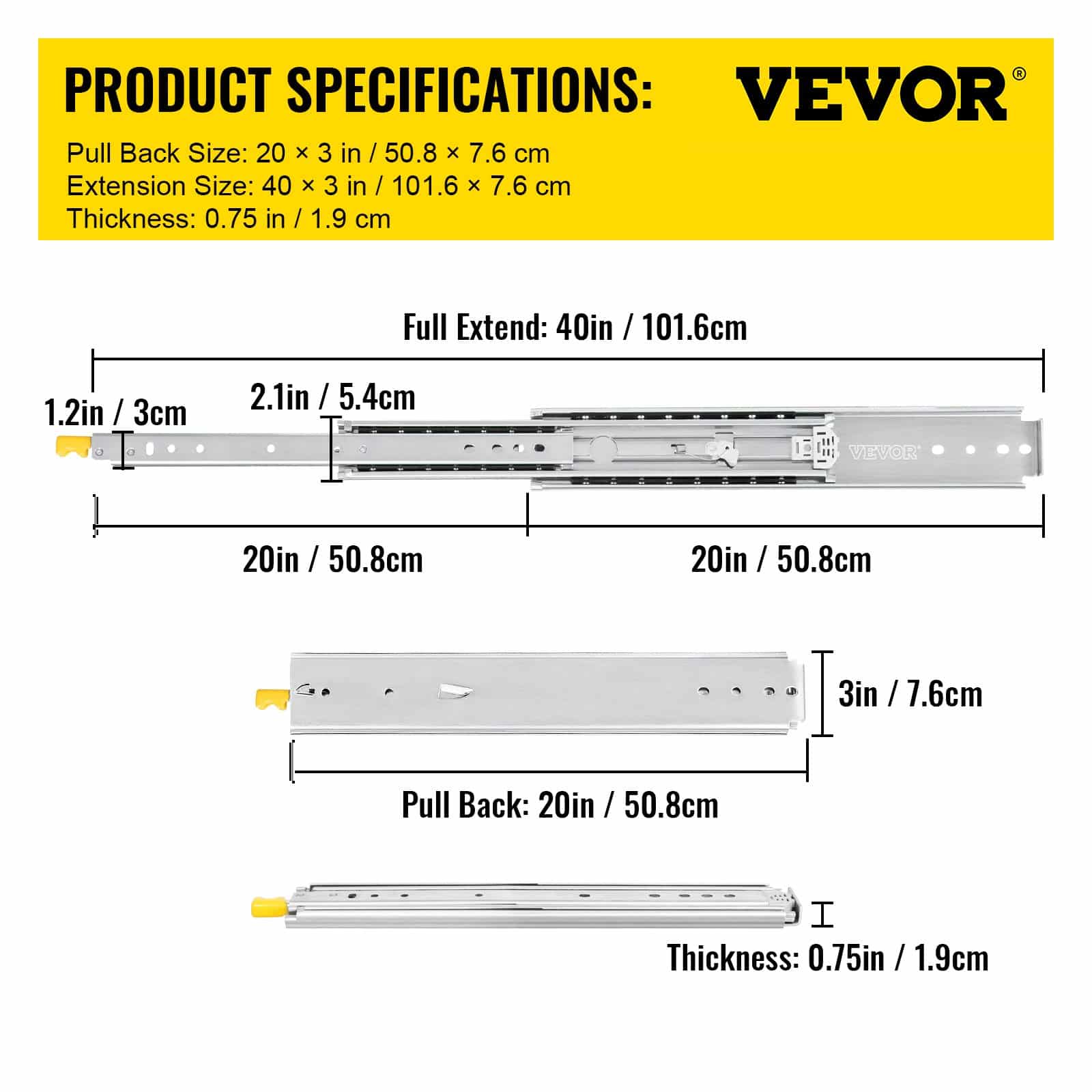 VEVOR Heavy-Duty Drawer Slides with Lock, 1 Pair, 50.8 cm, Steel, 227 kg Capacity, Full Extension, Ball Bearing, Side Mount – Paveikslėlis 7