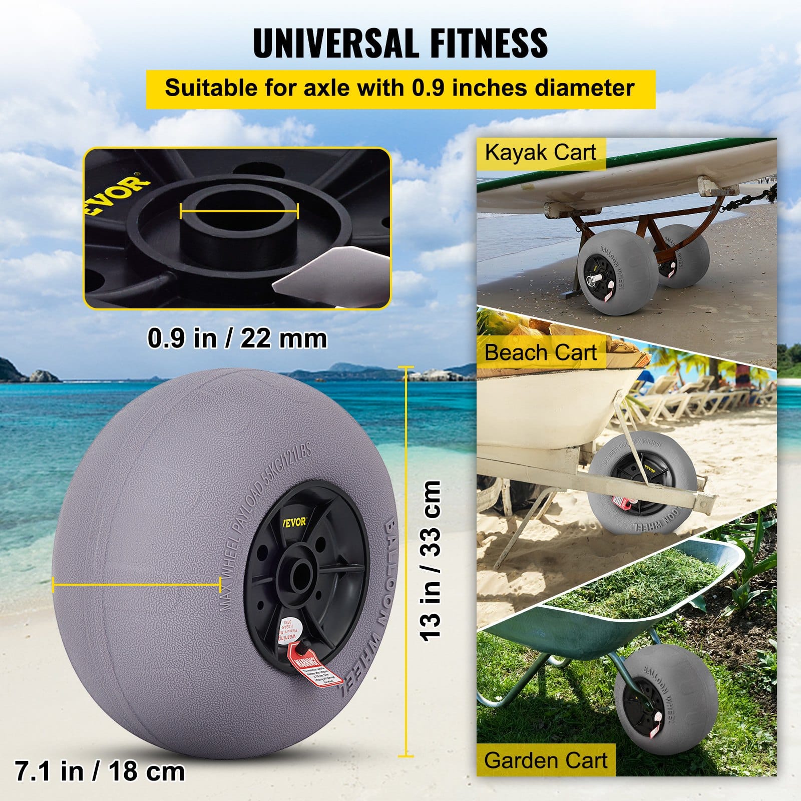 VEVOR 33 cm Beach Balloon Wheels 2-Pack, TPU Sand Tires for Kayak Dolly, Canoe Cart & Buggy w/ Free Air Pump — изображение 3
