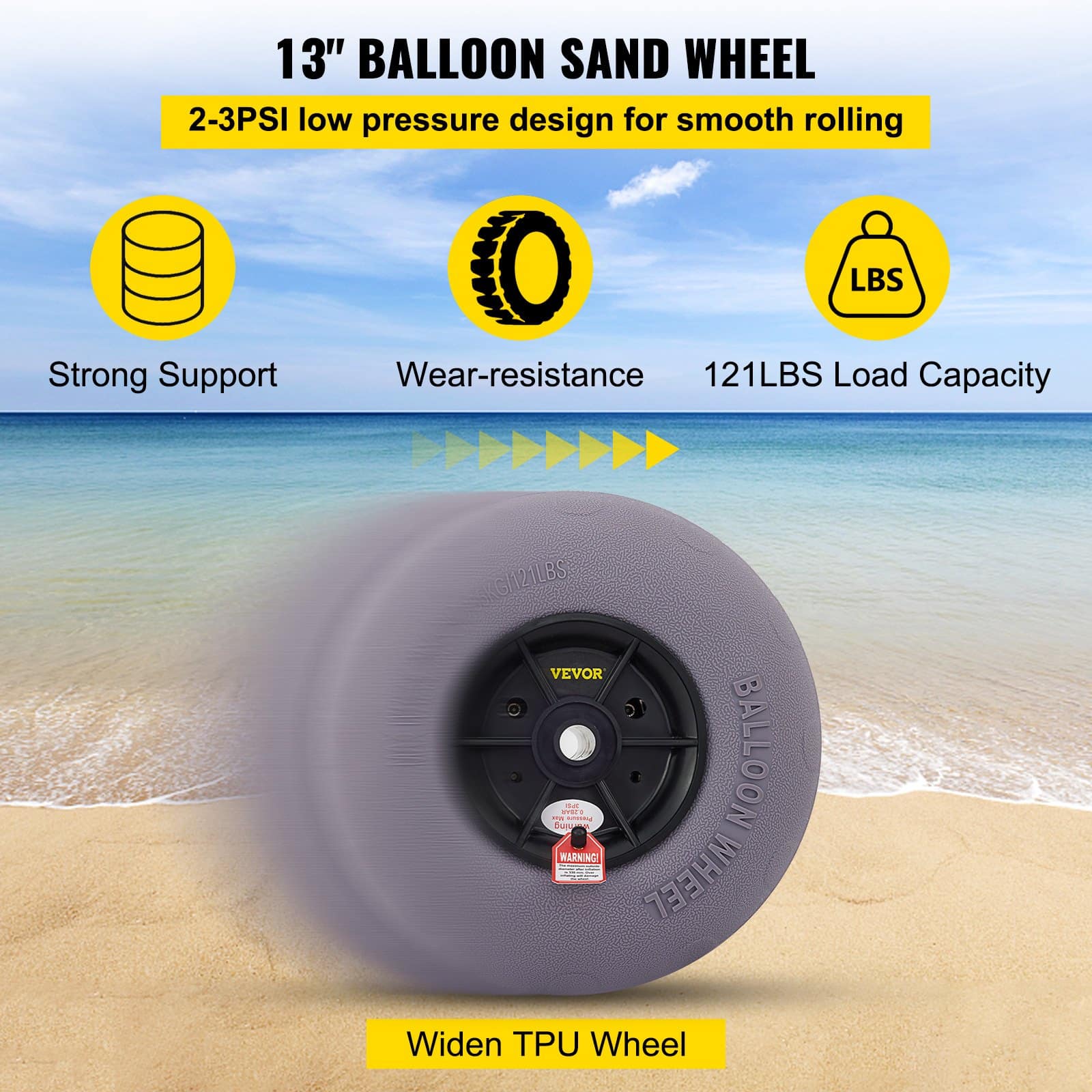 VEVOR 33 cm Beach Balloon Wheels 2-Pack, TPU Sand Tires for Kayak Dolly, Canoe Cart & Buggy w/ Free Air Pump — изображение 4