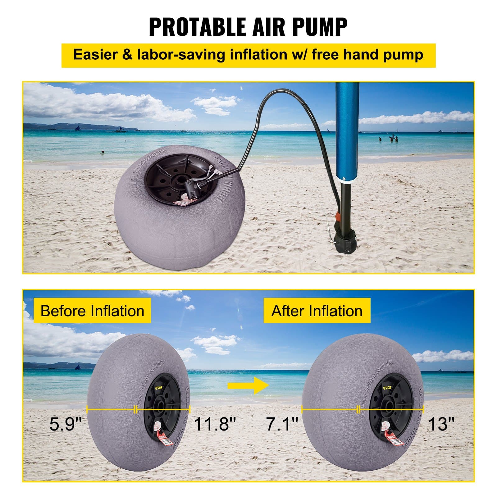 VEVOR 33 cm Beach Balloon Wheels 2-Pack, TPU Sand Tires for Kayak Dolly, Canoe Cart & Buggy w/ Free Air Pump — изображение 6
