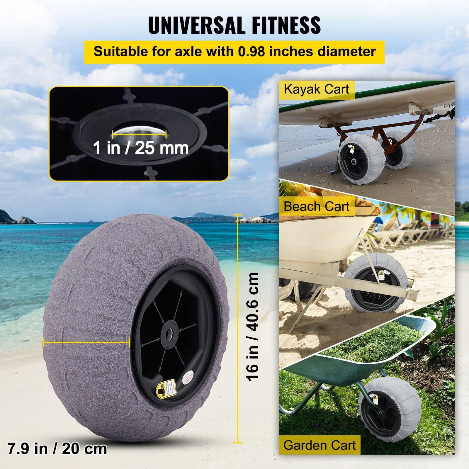 VEVOR 2-Pack 40 cm Beach Balloon Wheels with Air Pump – TPU Sand Tires for Kayak, Canoe, Buggy & Cart, 80 kg Load Capacity — изображение 3