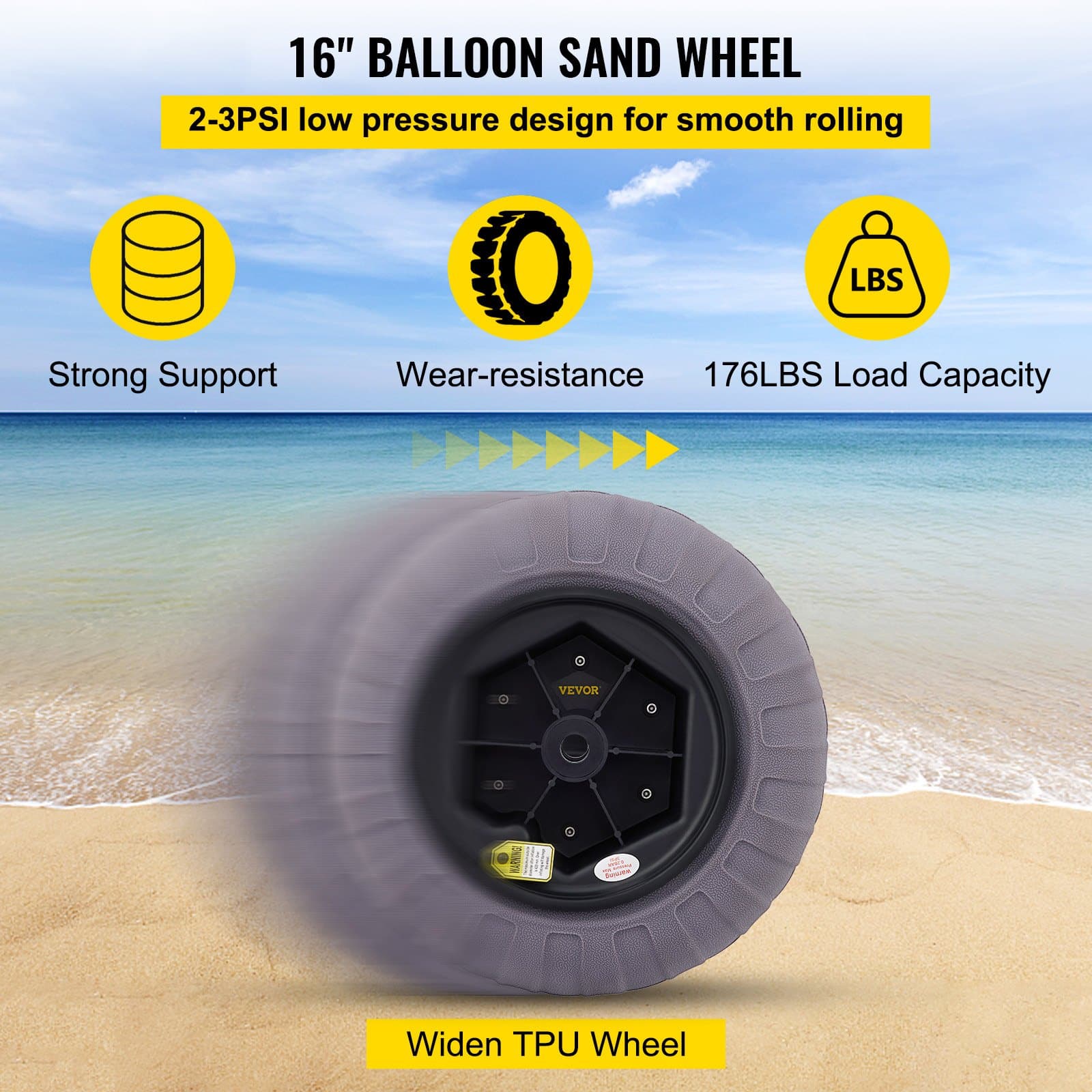 VEVOR 2-Pack 40 cm Beach Balloon Wheels with Air Pump – TPU Sand Tires for Kayak, Canoe, Buggy & Cart, 80 kg Load Capacity — изображение 4