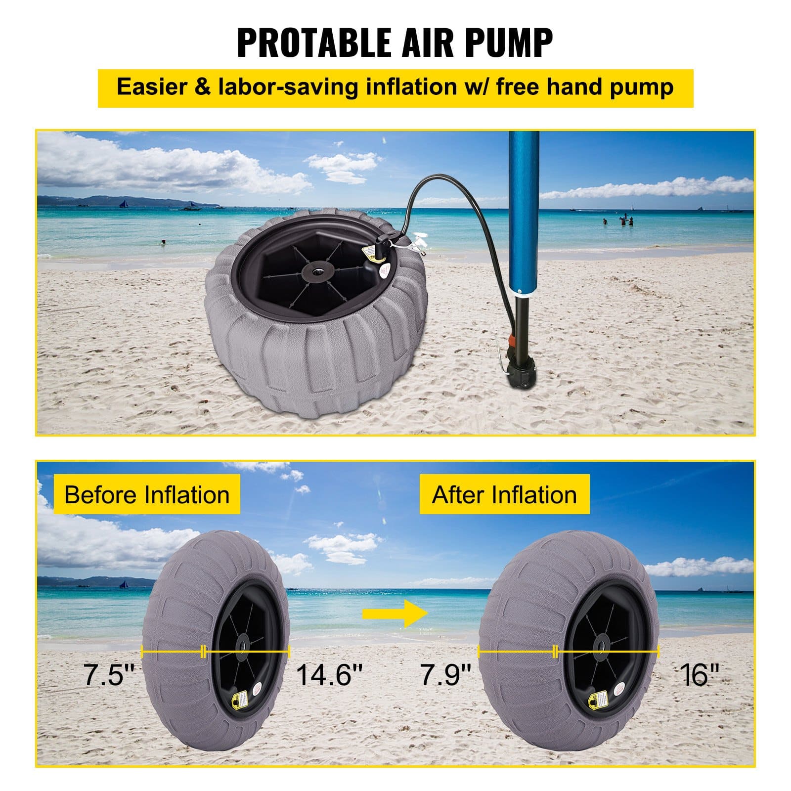 VEVOR 2-Pack 40 cm Beach Balloon Wheels with Air Pump – TPU Sand Tires for Kayak, Canoe, Buggy & Cart, 80 kg Load Capacity — изображение 6