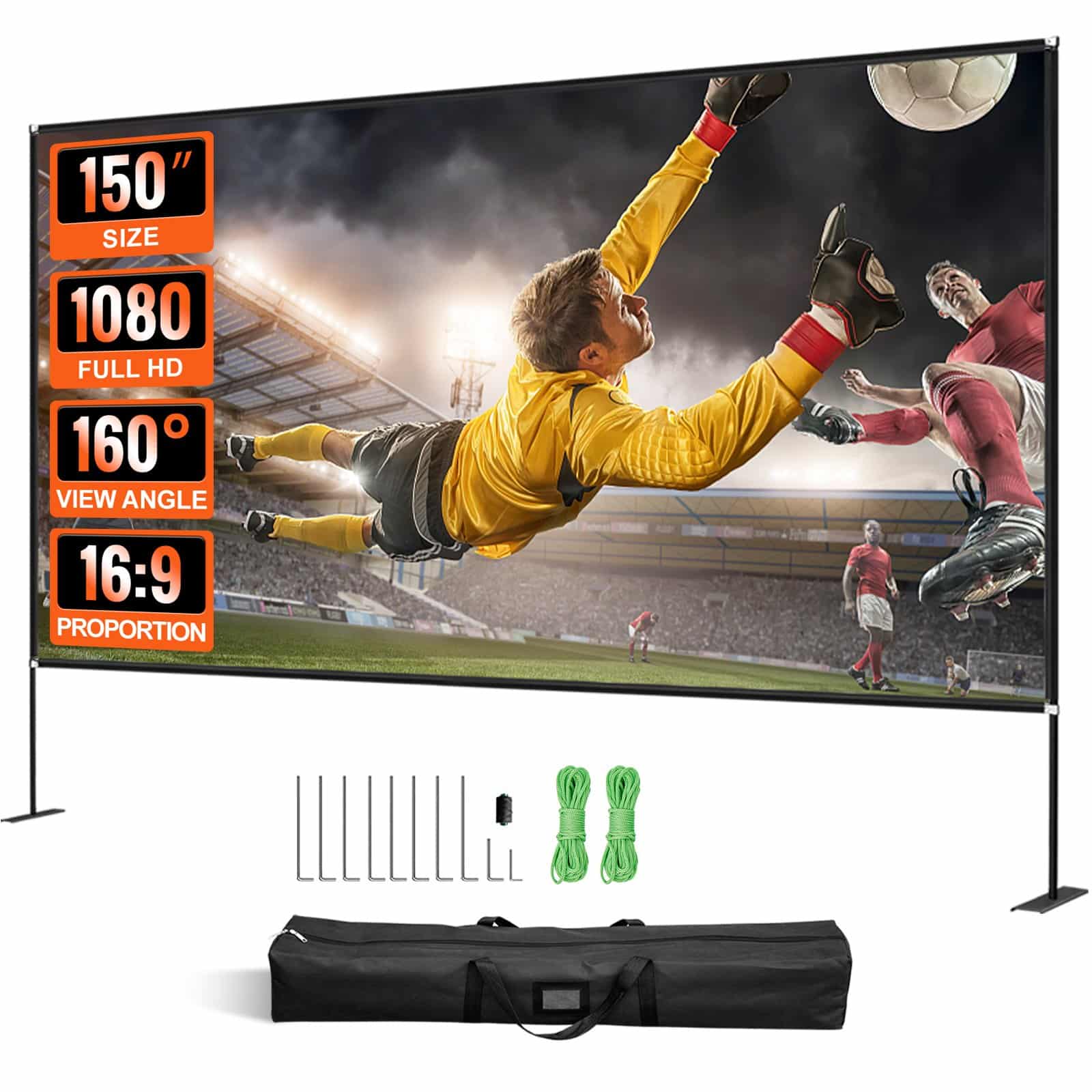VEVOR 381 cm 16:9 4K HD Outdoor Projector Screen with Stand, Front/Rear Projection, Portable with Bag for Home & Office