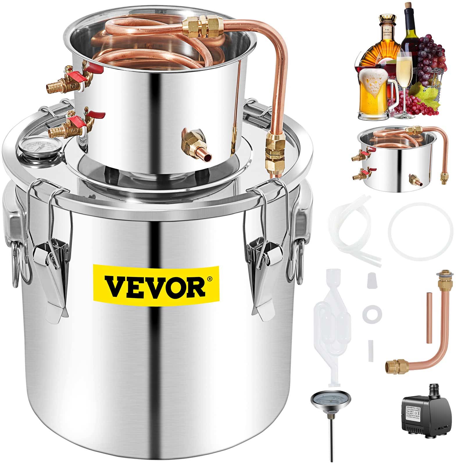 VEVOR 50L Stainless Steel Alcohol Distiller with Copper Coil & Thermometer – Home Brewing Kit for Whisky, Wine, Brandy