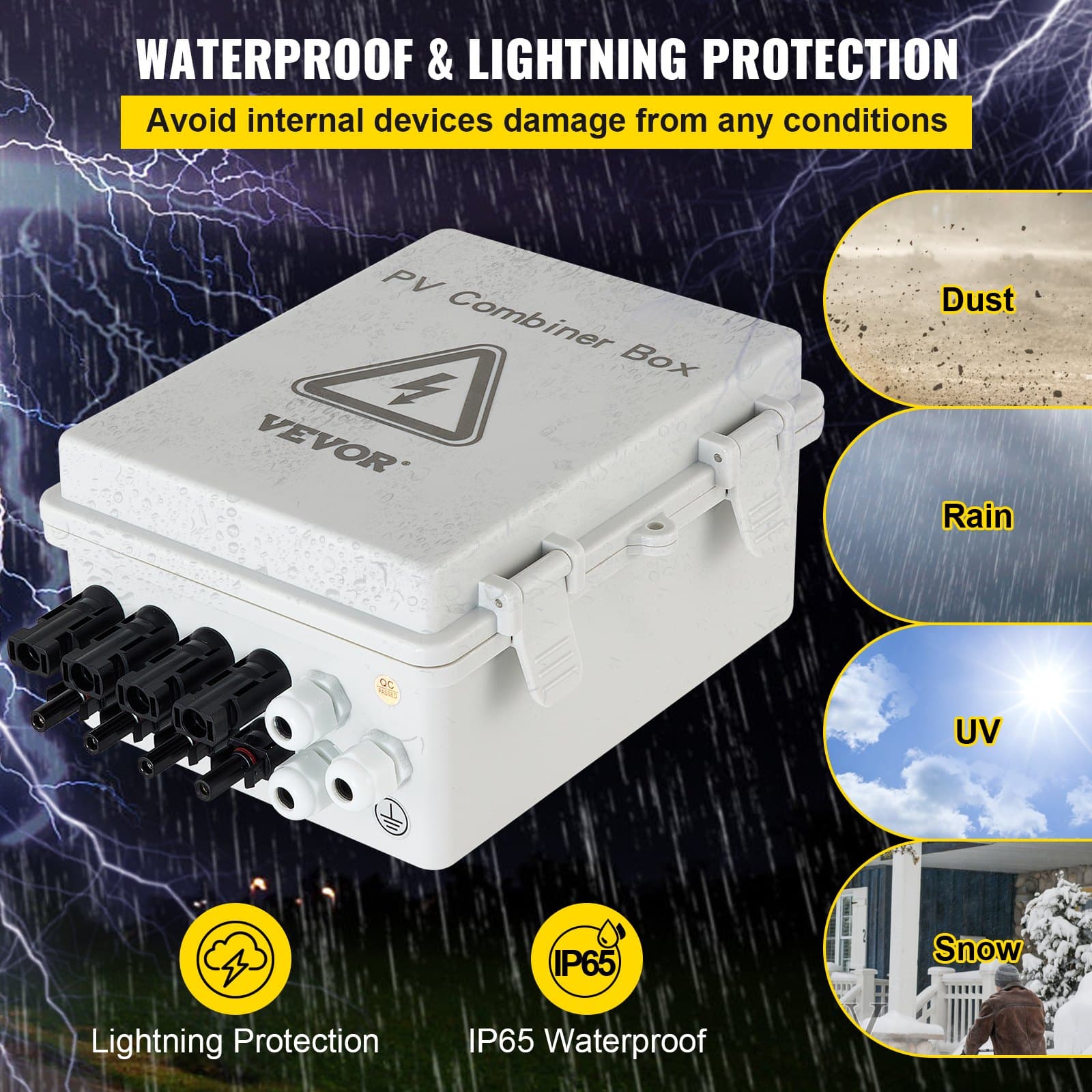 VEVOR 4-String PV Combiner Box, 15A Fuses, 63A Breaker, IP65 Waterproof, Lightning Protection, for Grid/Off-Grid Solar Systems — изображение 3