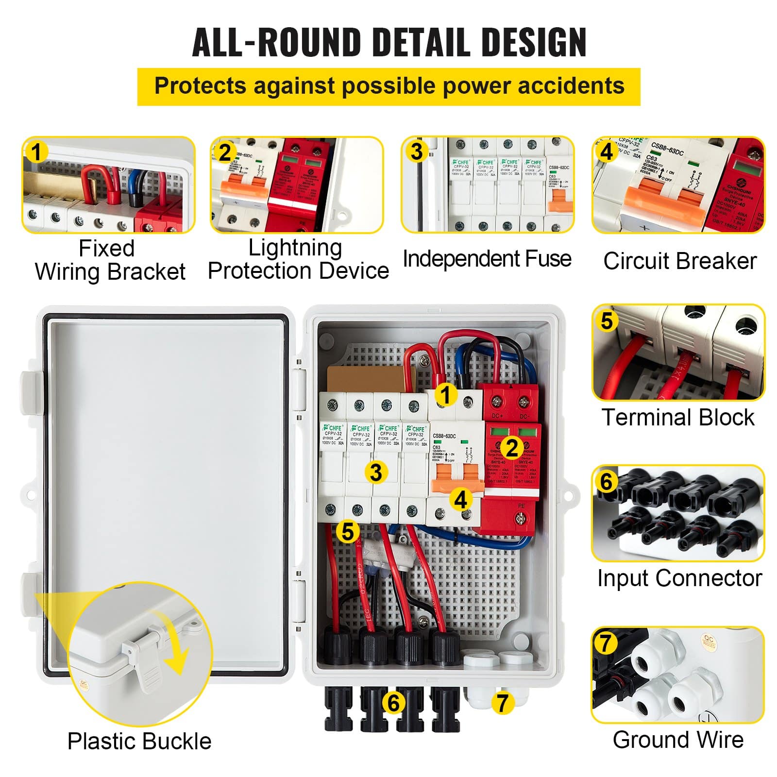 VEVOR 4-String PV Combiner Box, 15A Fuses, 63A Breaker, IP65 Waterproof, Lightning Protection, for Grid/Off-Grid Solar Systems — изображение 4